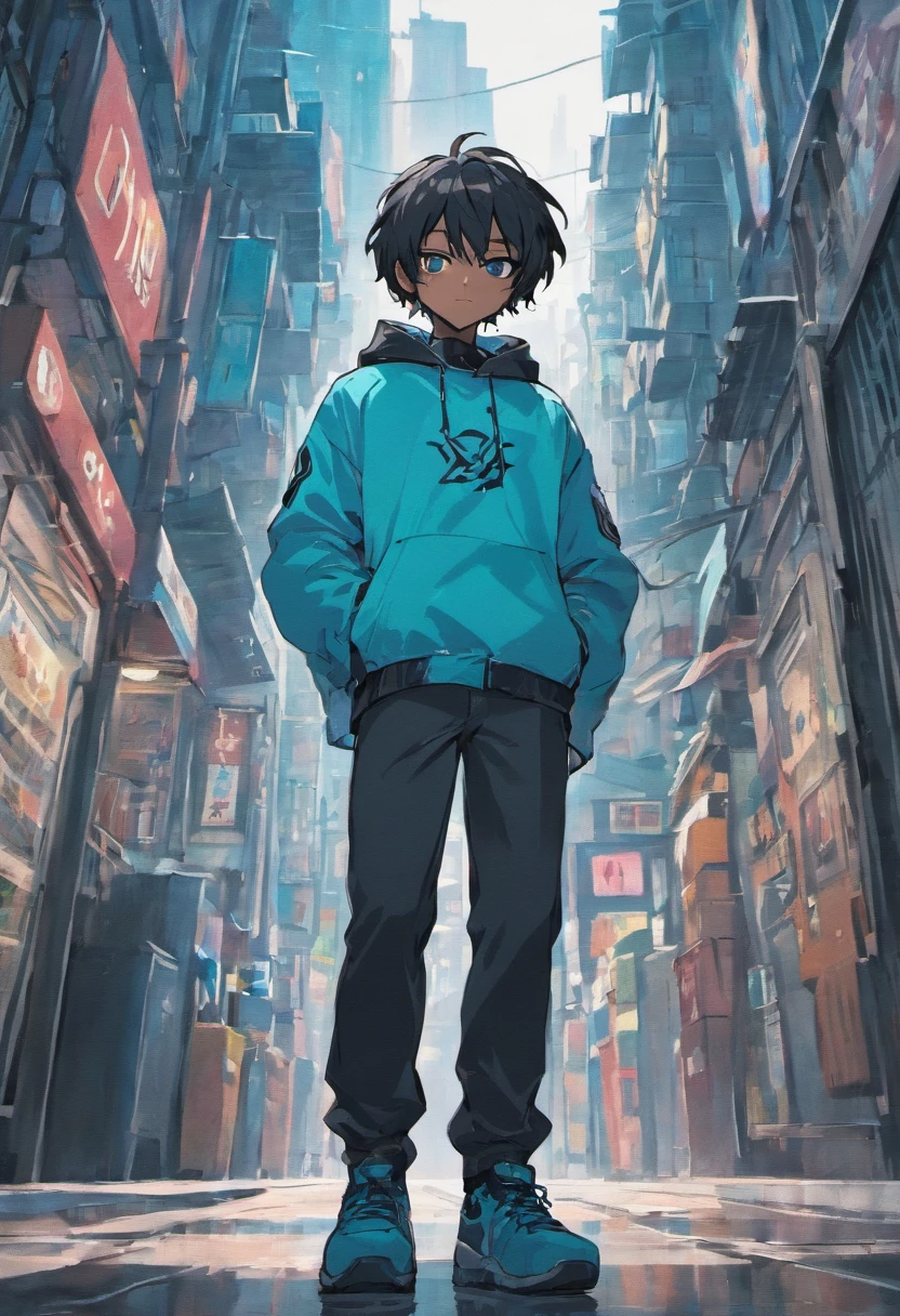 African American male, short hair, dreadlocks, aquamarine eyes, black hair, black and blue jacket, gray hoodie, full body, city in background, 1 boy, logo on jacket,