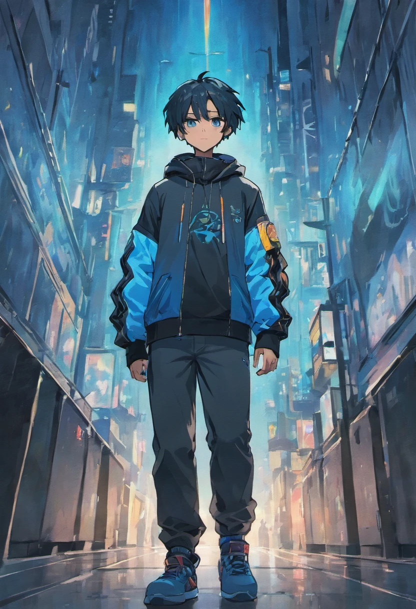 African American male, short hair, dreadlocks, aquamarine eyes, black hair, black and blue jacket, gray hoodie, full body, city in background, 1 boy, logo on jacket,