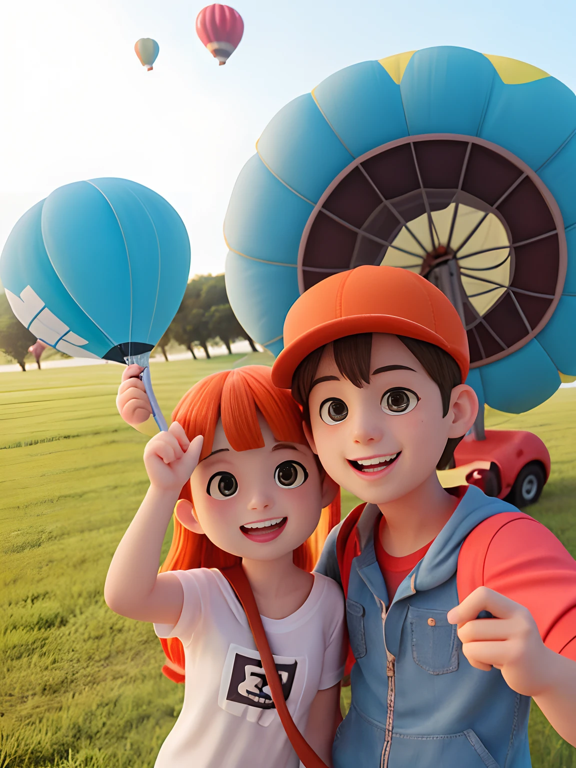 There are many hot air balloons in the field with cartoon couple taking a picture, Tiro em GoPro9, hot air balloons, Assumido em Go Pro Hero8, hanging from a hot air balloon, Selfie, GoPro Fotografia, hot air balloon, as an air balloon, selfie shot straight on angle, durante o nascer do sol, foto selfie, divertindo-se, GoPro Shot, vacation photo