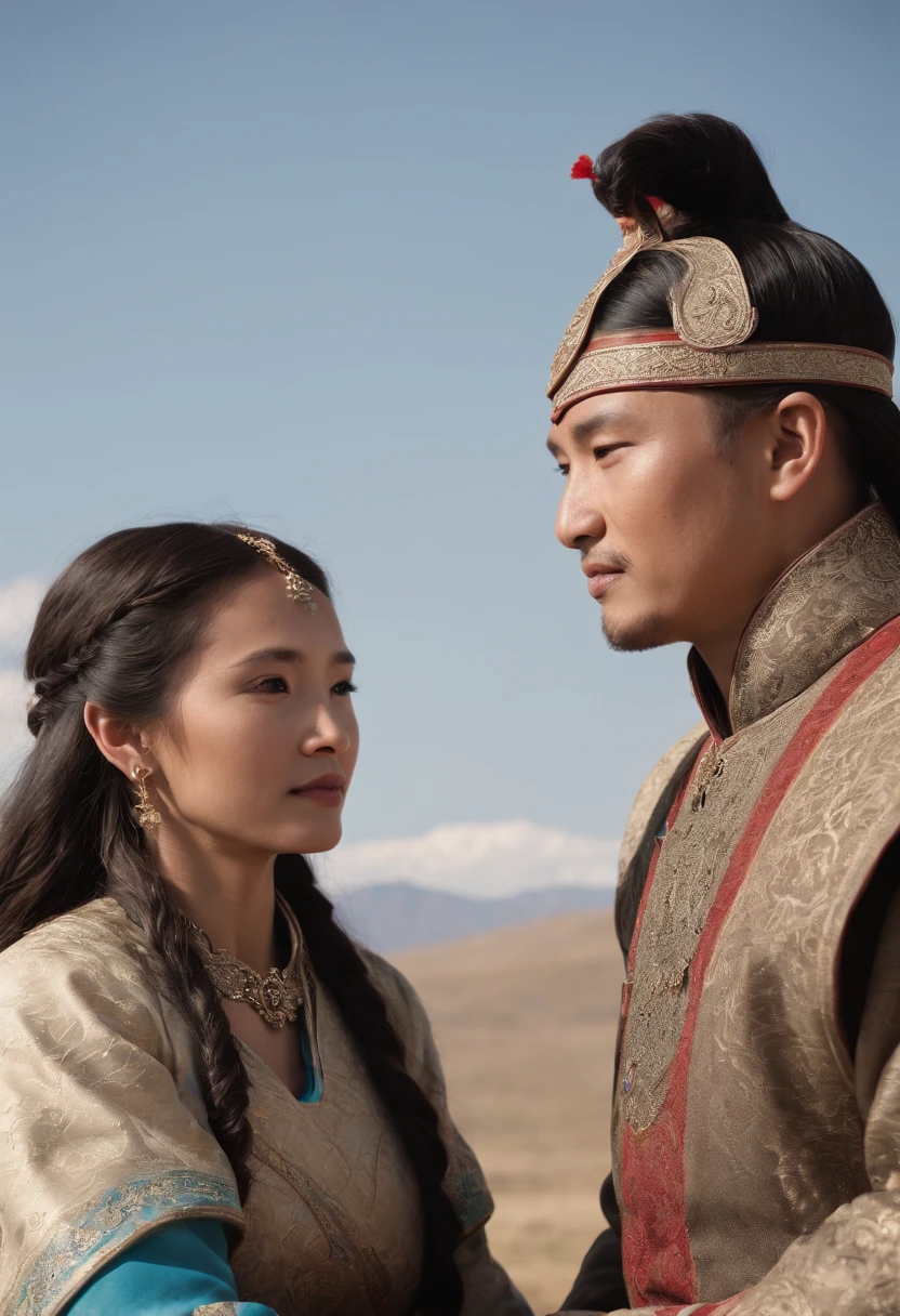 Hyper-realistic long shot. Khutulun, Mongol Princess, marries a man, traditional Mongolian attire, vast steppe backdrop, clear blue sky, joyful celebration, intricate details, cinematic quality, --v 5 --ar 16:9 --q 1