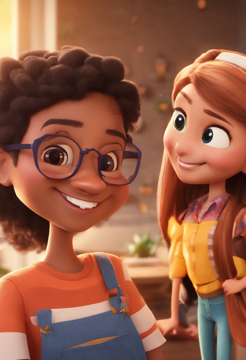 An Adorable Son and Mother Illustration, Highlight for a chubby mulatto man with glasses smiling and a brunette woman with beautiful expressive eyes - the man's skin is mulatto and the man's hair haswhile the woman's skin is black and the woman's hair is straight and brown. They are a bright room, cada um com um sorriso no rosto, e compartilhar um momento especial caracterizado pelo amor, Insights. Illustrate this scene from a perspective where they are facing the camera, Smiling and Showing Your Connection. Desenvolva esta arte em Full HD, Focus on your cinematic touch, Estilo Disney Pixar Animations