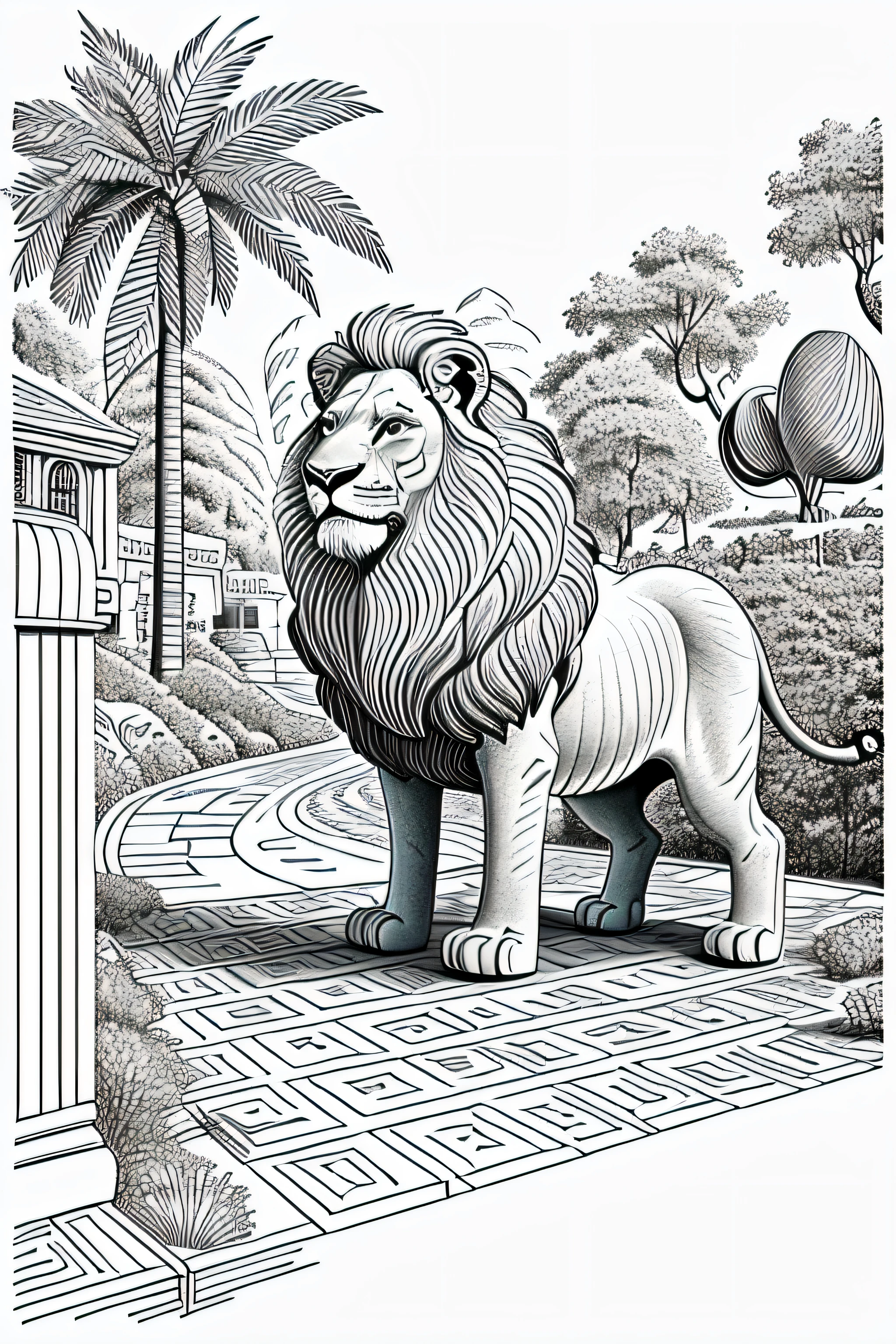 an lion walking in a pathway with a cub by its side line art, cartoon character, 3d style, high-quality, coloring book, hand-draw, lineart