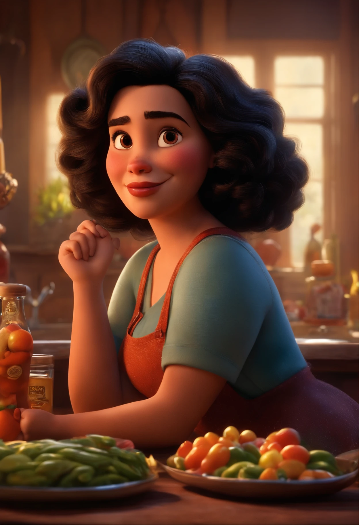 Um filme inspirado na Disney Pixar (MENINA ALTA GORDA JOVEM COM CABELO LONGO ONDULADO PRETO) dentro A cena estar na arte distinta do estilo PIXAR, descolada e estilosa