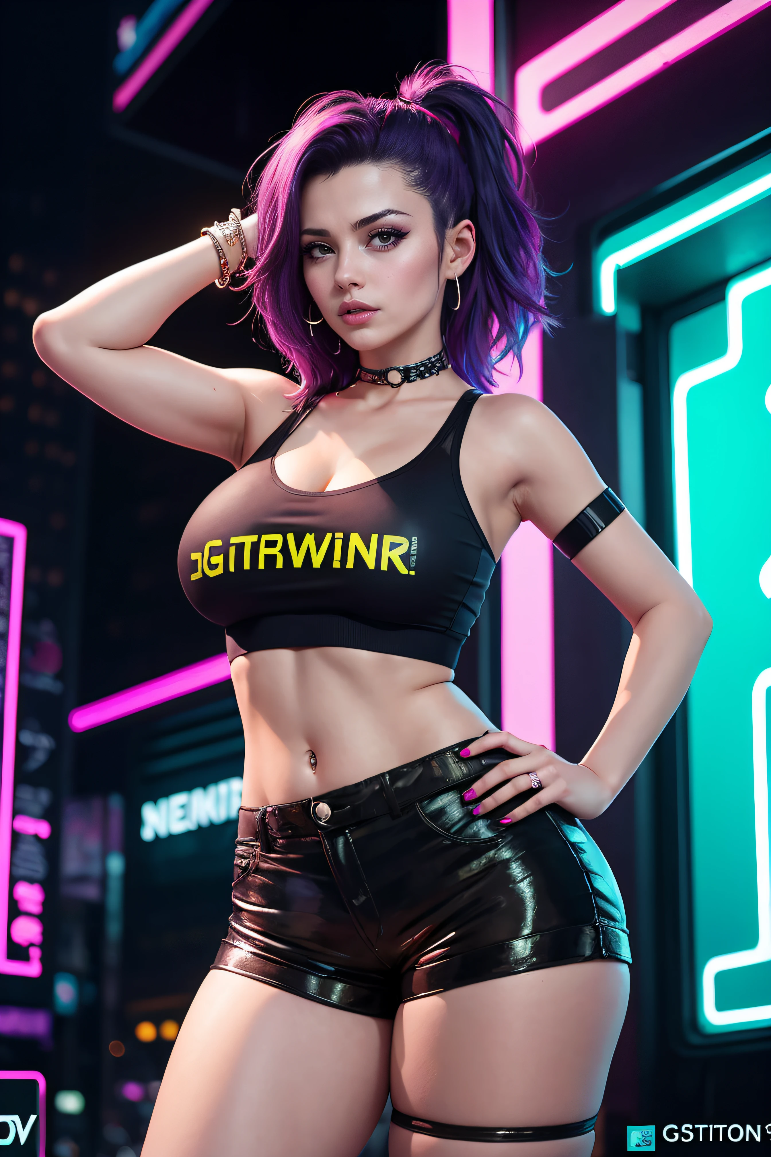 there is a woman standing with a rainbow light, 3 d neon art of a womans body, neon-noir background, cyberpunk femme fatale, seductive cyberpunk dark fantasy, ((tight shorts:1.4)), cyberpunk strip clubs, cyberpunk 20 y. o model girl, oppai cyberpunk, banner, high definition cgsociety, cgsociety masterpiece, trending on cgstation, kda