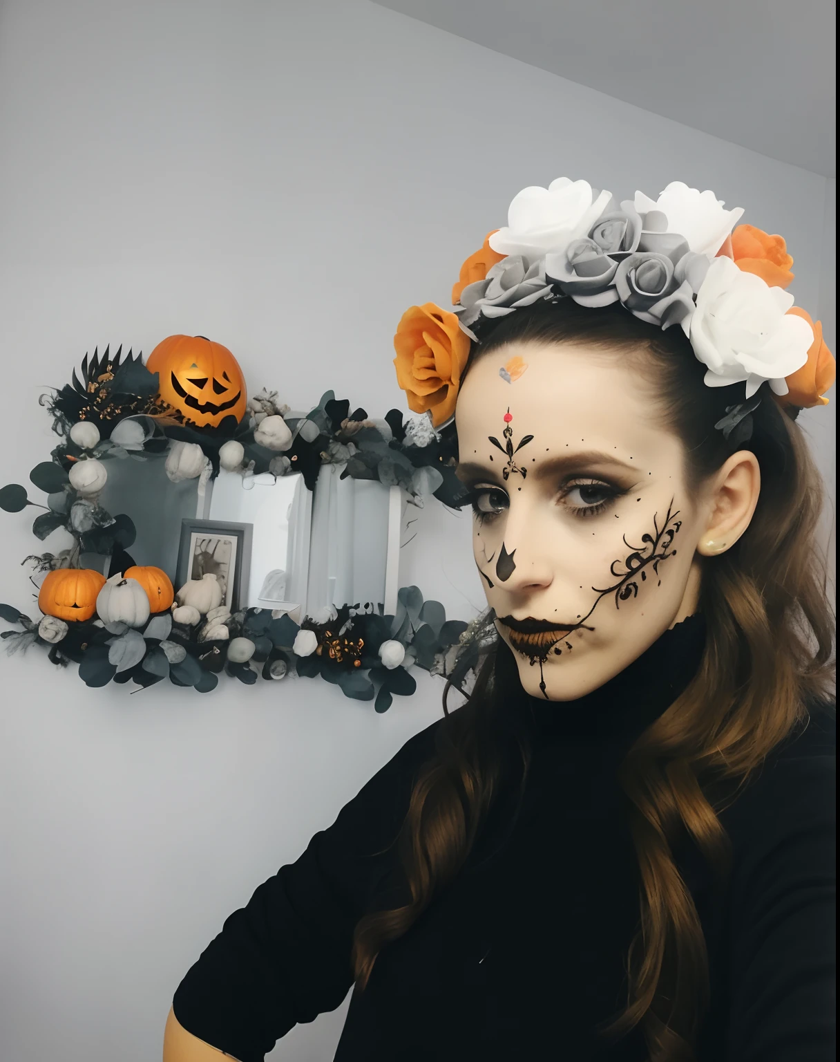 Mulher com pintura facial e flores no cabelo, Em um estilo de Halloween, tema dia das bruxas, Dia dos Mortos Maquiagem, dia de muertos vestido e maquiagem, olhar assustador, maquiagem criativa, Atmosfera de Halloween, halloween celebration, Dia de Finados:!!, creepy themed, with a crown of skulls, estilo assustador, dia das bruxas, estilo de arte de dia das bruxas