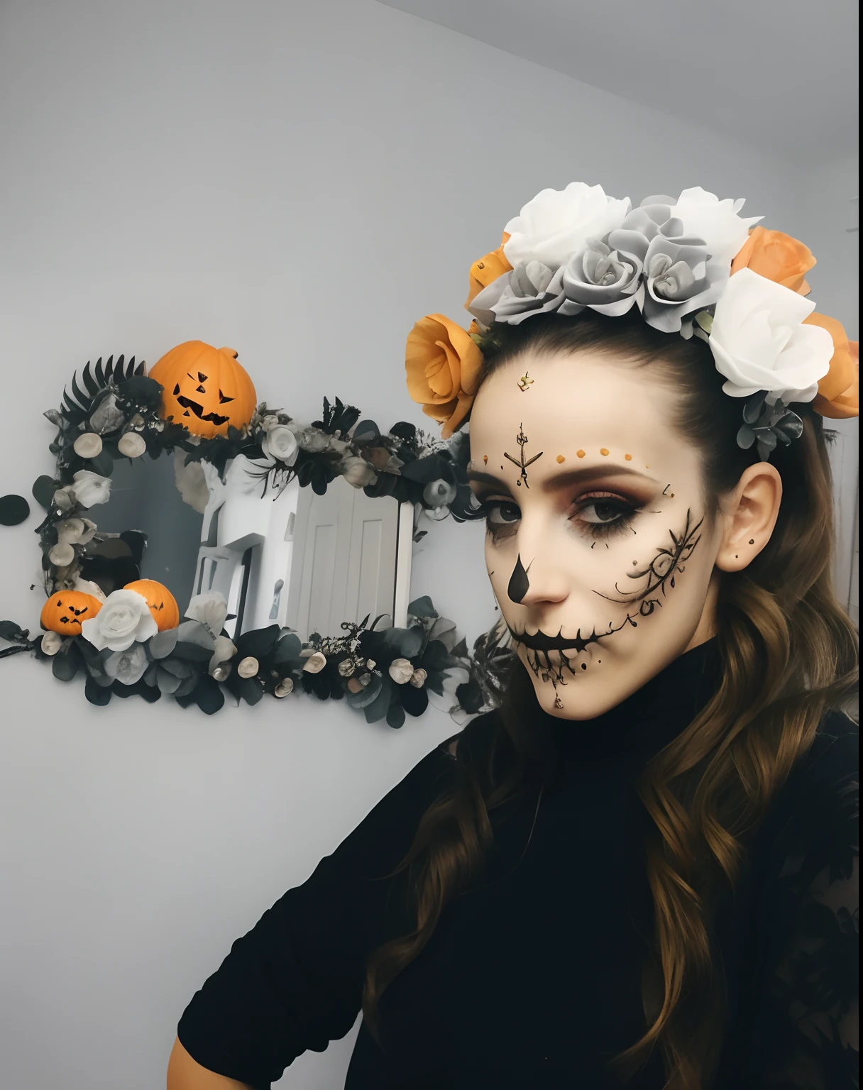 Mulher com pintura facial e flores no cabelo, Em um estilo de Halloween, tema dia das bruxas, Dia dos Mortos Maquiagem, dia de muertos vestido e maquiagem, olhar assustador, maquiagem criativa, Atmosfera de Halloween, halloween celebration, Dia de Finados:!!, creepy themed, with a crown of skulls, estilo assustador, dia das bruxas, estilo de arte de dia das bruxas