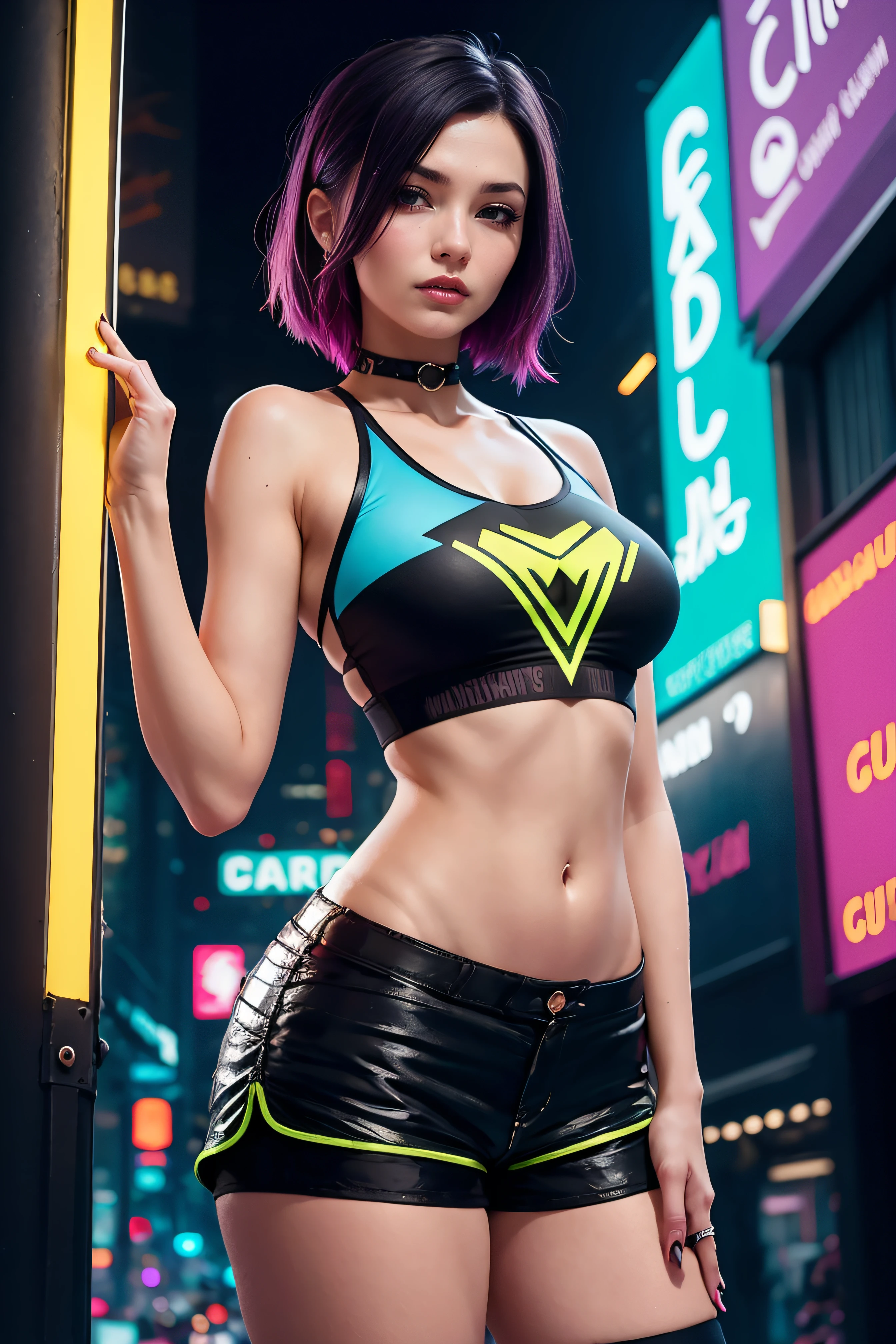 there is a woman standing with a rainbow light, 3 d neon art of a womans body, neon-noir background, cyberpunk femme fatale, seductive cyberpunk dark fantasy, ((tight shorts:1.4)), cyberpunk strip clubs, cyberpunk 20 y. o model girl, oppai cyberpunk, banner, high definition cgsociety, cgsociety masterpiece, trending on cgstation, kda