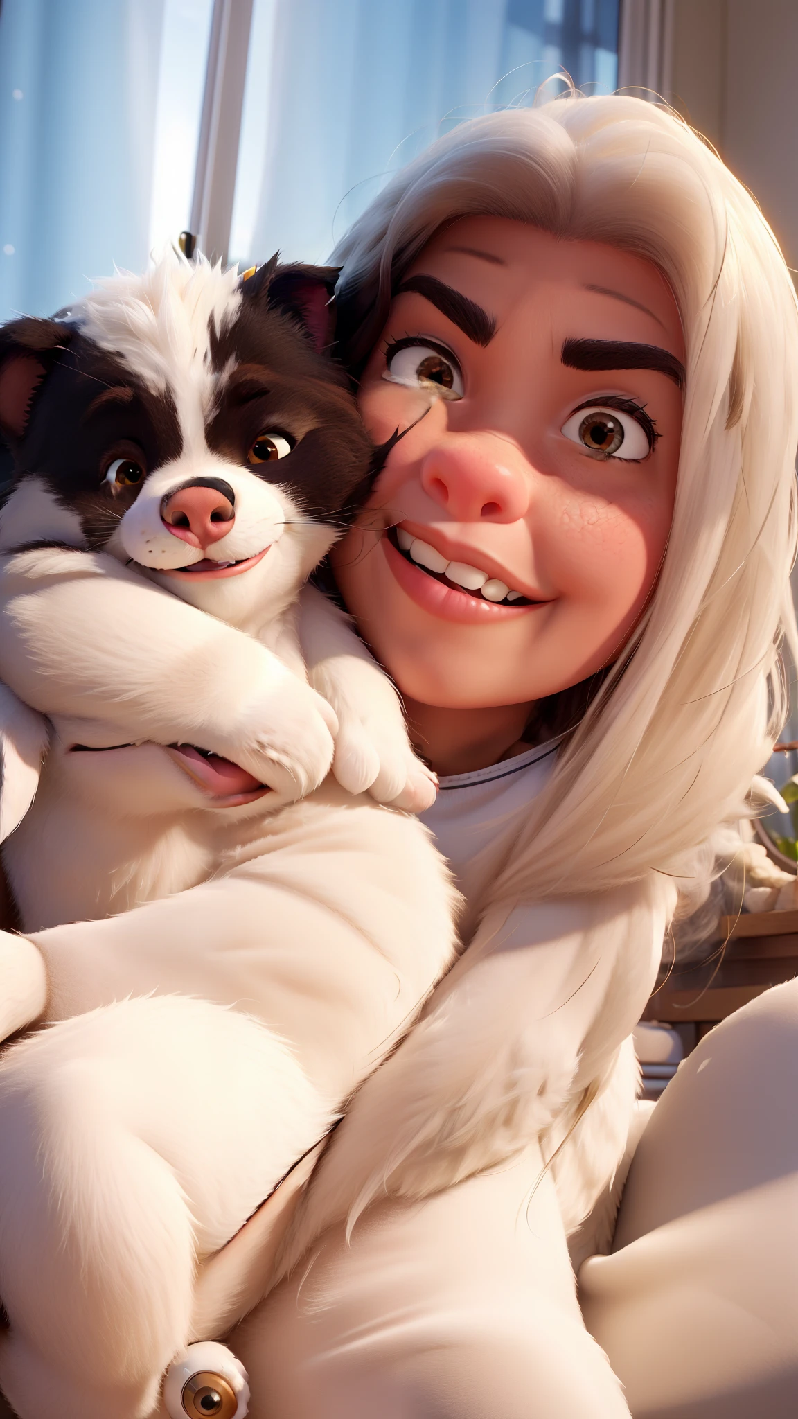 Create a Disney Pixar poster featuring a 48-year-old Brazilian woman, white skin, brown eyes, dark and thick well-shaped eyebrows, very straight and long, shiny dark hair combed to the left, slightly rounded nose, face very full, plump physical appearance, radiating a happy expression. She is holding in her arms a German Spliz with fluffy white fur, with black spots on the ears and eyes, leaving a light white fur in the middle of the forehead, between the nose and snout. She is in her room facing the window, at sunset, wearing a cream-colored t-shirt, sitting in a white armchair. Title the poster "LOVE PETS" and render it in 3D.