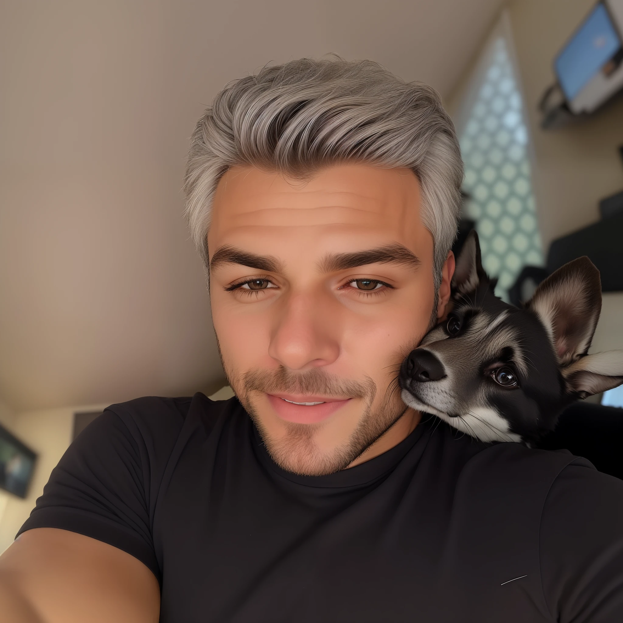 Homem com cabelos grisalhos e um cachorro no colo, selfie of a dog, Selfie de um homem, homem de cabelos grisalhos escuros, Fotografia Selfie 8k, ele tem cabelos grisalhos escuros, Selfie!!!!! de um homem, tirar uma Selfie, gato preto tirando uma Selfie, bird on your shoulder, Selfie, foto Selfie, Homens de 45 anos
