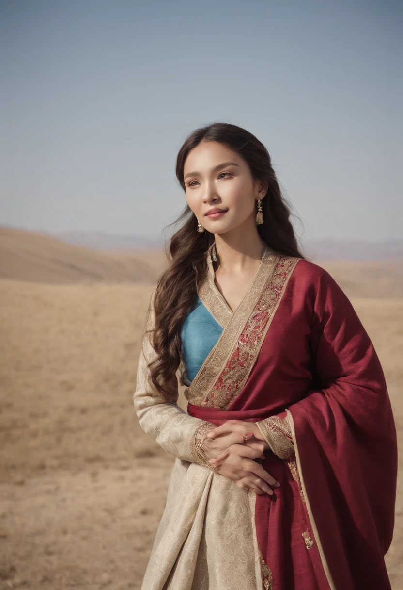Hyper-realistic long shot image. Khutulun, Mongol Princess, marries a man, traditional Mongolian attire, vast steppe backdrop, clear blue sky, joyful celebration, intricate details, cinematic quality, --v 5 --ar 16:9 --q 1