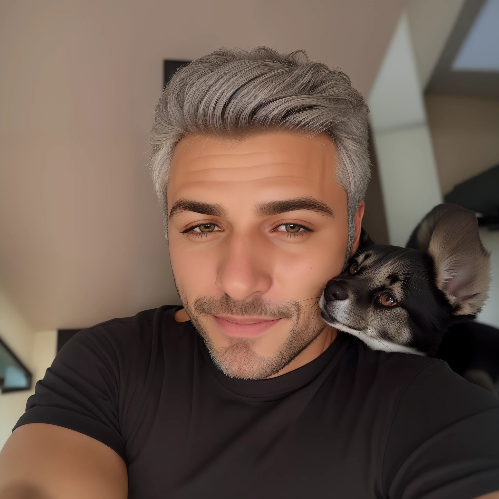 Homem com cabelos grisalhos e um cachorro no colo, selfie of a dog, Selfie de um homem, homem de cabelos grisalhos escuros, Fotografia Selfie 8k, ele tem cabelos grisalhos escuros, Selfie!!!!! de um homem, tirar uma Selfie, gato preto tirando uma Selfie, bird on your shoulder, Selfie, foto Selfie, Homens de 45 anos