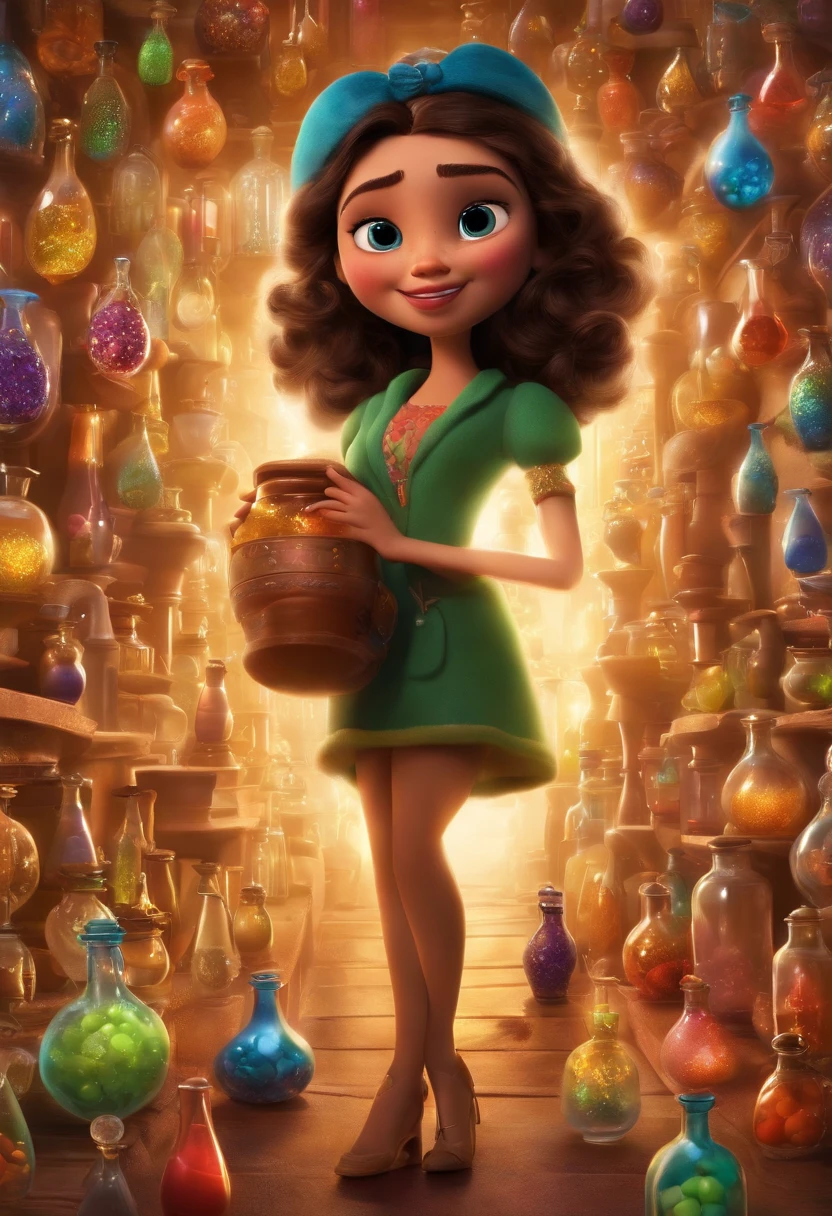 A collector of ideas inspired by Pixar animation, de perto. She is surrounded by a collection of magic vials, each containing a unique idea. The focus is on the character, with a captivating facial expression, Against a backdrop of shimmering, cores efervescentes.