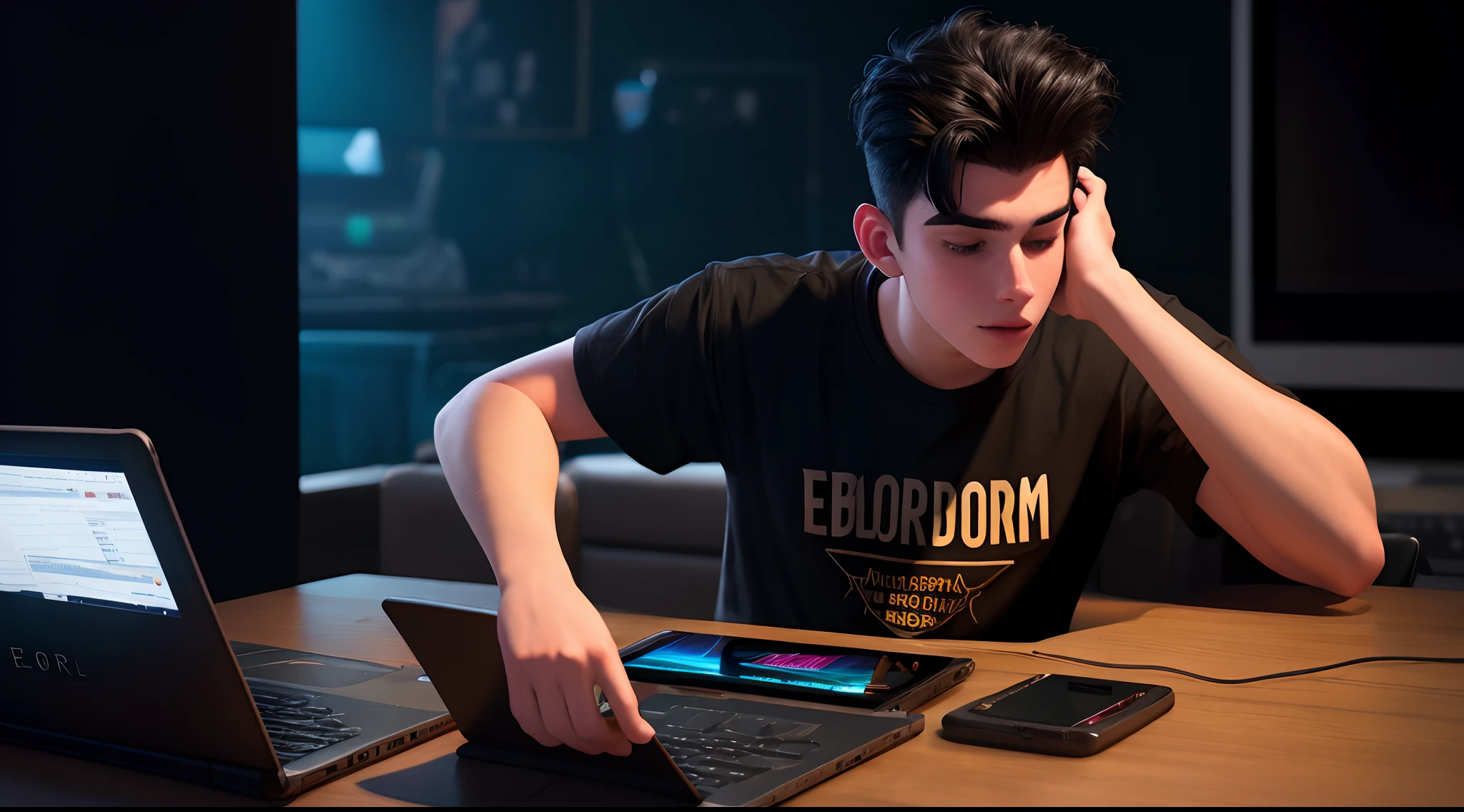 create a Pixar style 3D image capturing a scene of an 18-year-old man with black hair with the gradient cut on his hair eroding on top of how to make music on his cell phone in the black room with the LR logo on the wall