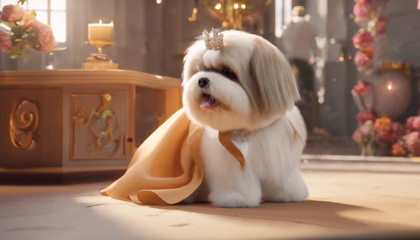 create a Pixar/Disney movie style 4D photo of a wedding couple with their white shih-tzu with caramel colored mamchas in a black suit with bow tie
