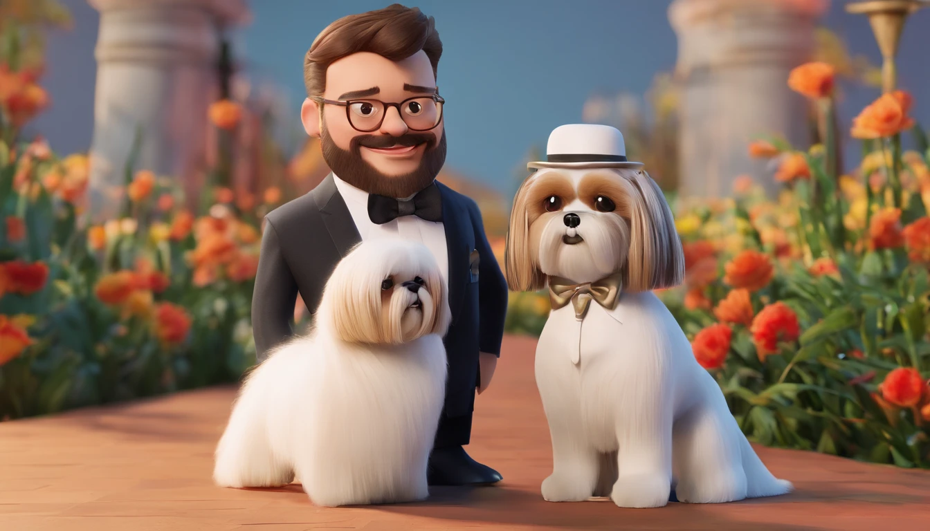 create a Pixar/Disney movie style 4D photo of a wedding couple with their white shih-tzu with caramel colored mamchas in a black suit with bow tie