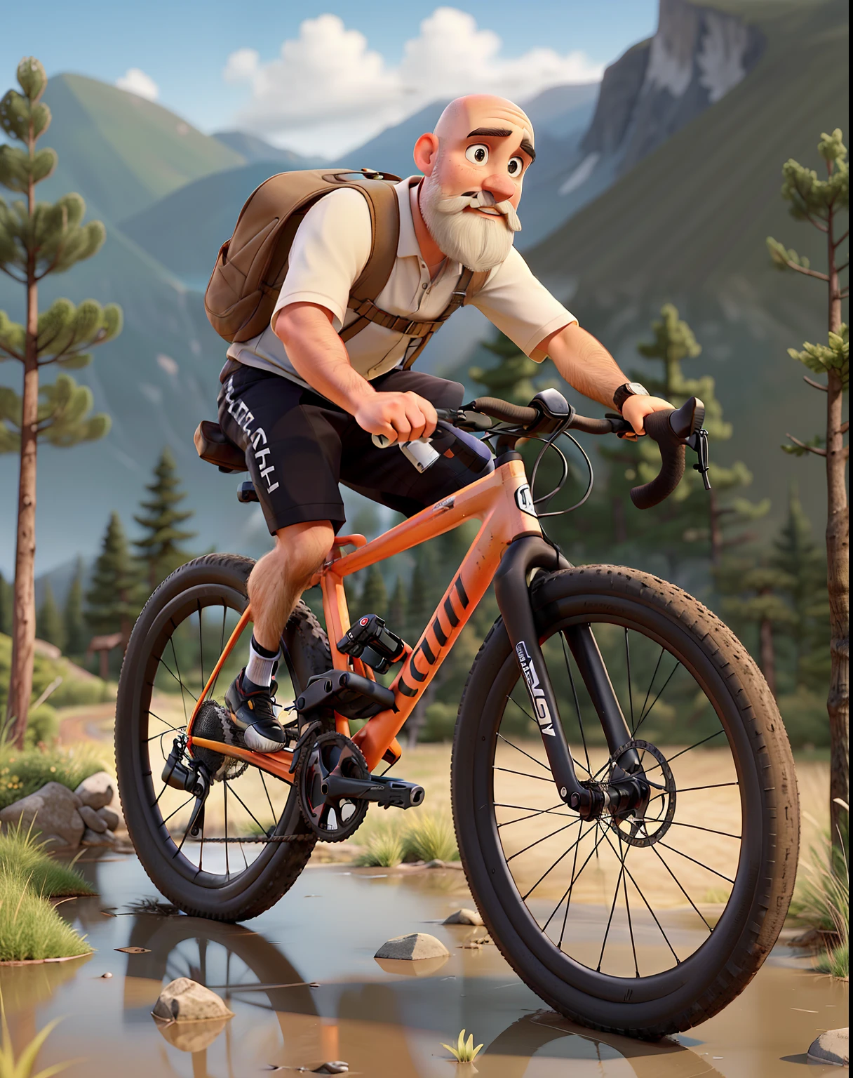 a simple man, bald and with a beard. dressed as a cyclist and with a scott bicycle. in the middle of a mountain cycling in the mud.