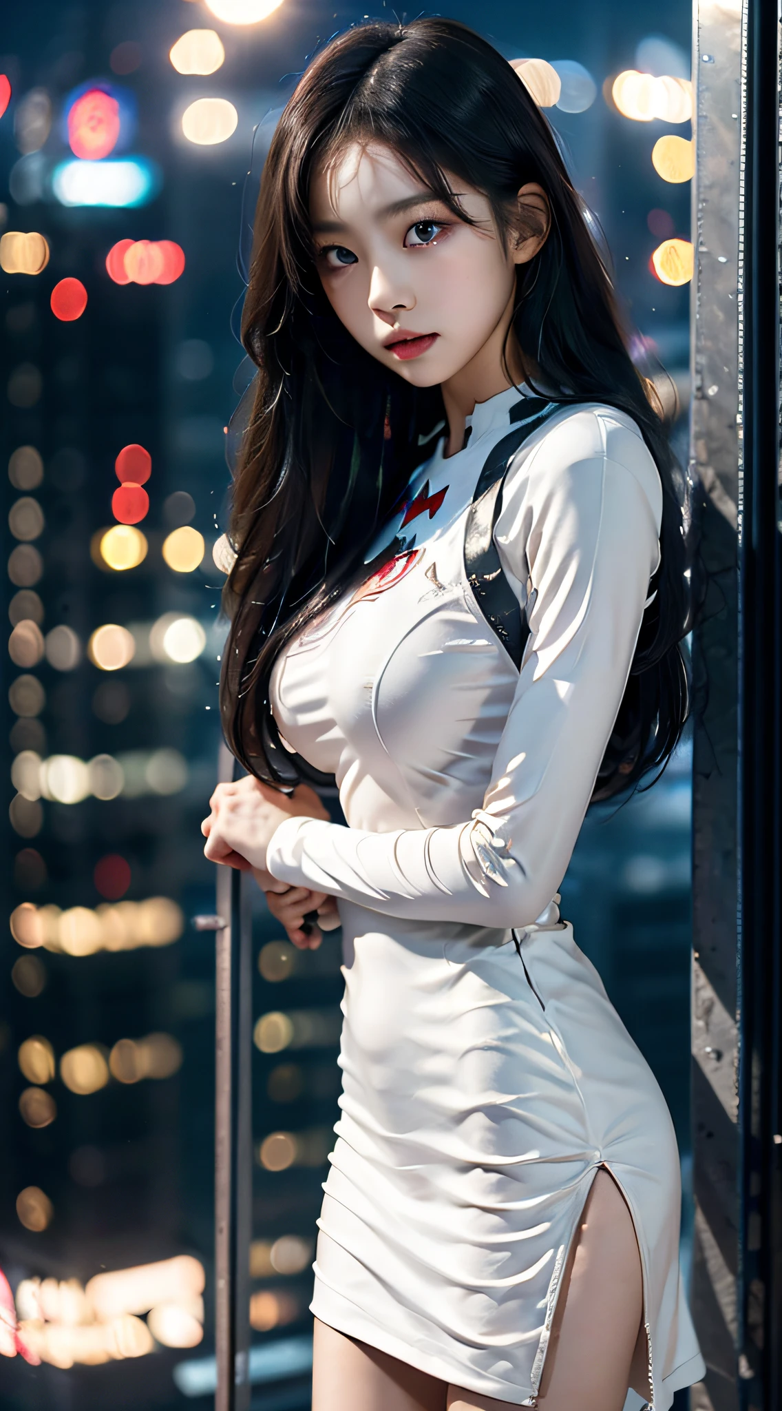 upper half body,close-up, In the darkness of the night ,((Korean girl on top of a tall building, White Hero Costume, Tight-fitting Spider-Man leather suit)), [(23 years old), (Long black hair:1.2),  (Brown eyes:1.2), ((Harsh urban environment):0.8)| (urban landscape, natta, Dynamic lighting), (full moon),A detailed eye, Resemblance to Aespa's Winter