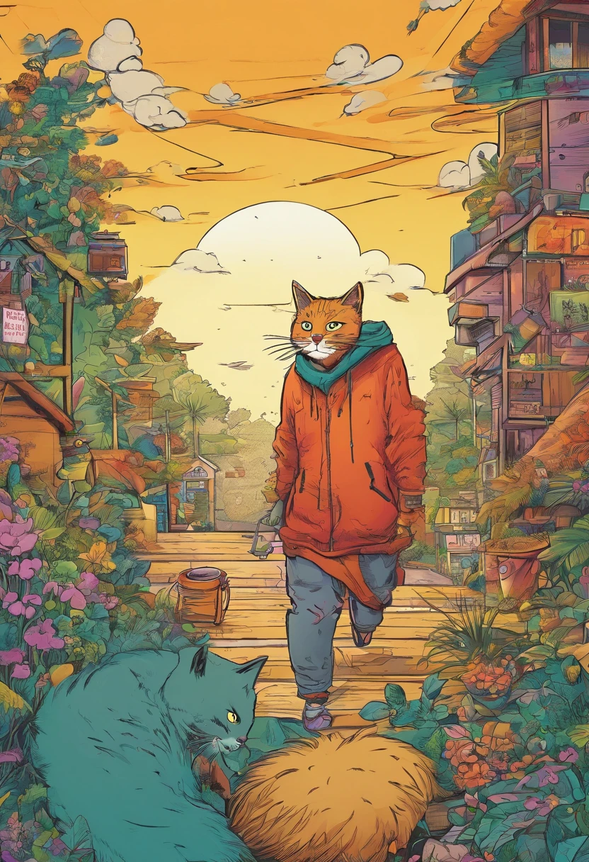 American comics, The history of the comic is presented in several irregular panels with color. The American Shorthair cat goes through hardships by running away from home, then reunites with its owner. The style is exaggerated and detailed