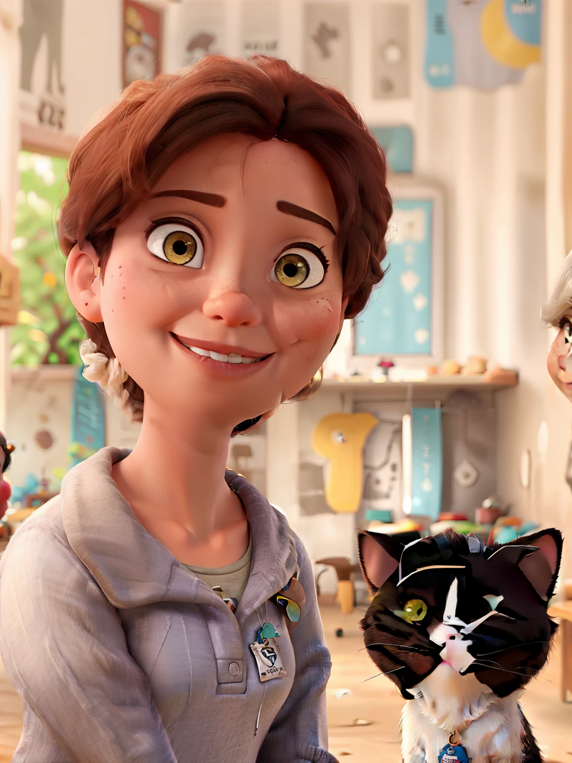 Criar poster de filme estilo Disney Pixar de mulher caucasiana sorridente com gato preto e branco colo com livros ao fundo, ela dem cabelos cacheados na cor preta e uma blusa polo na cor cinza em estilo de poster de filme da Disney com titulo "Amaranta & Beattlejuice" Com cabelo preto e o gato nas cores preto e branco