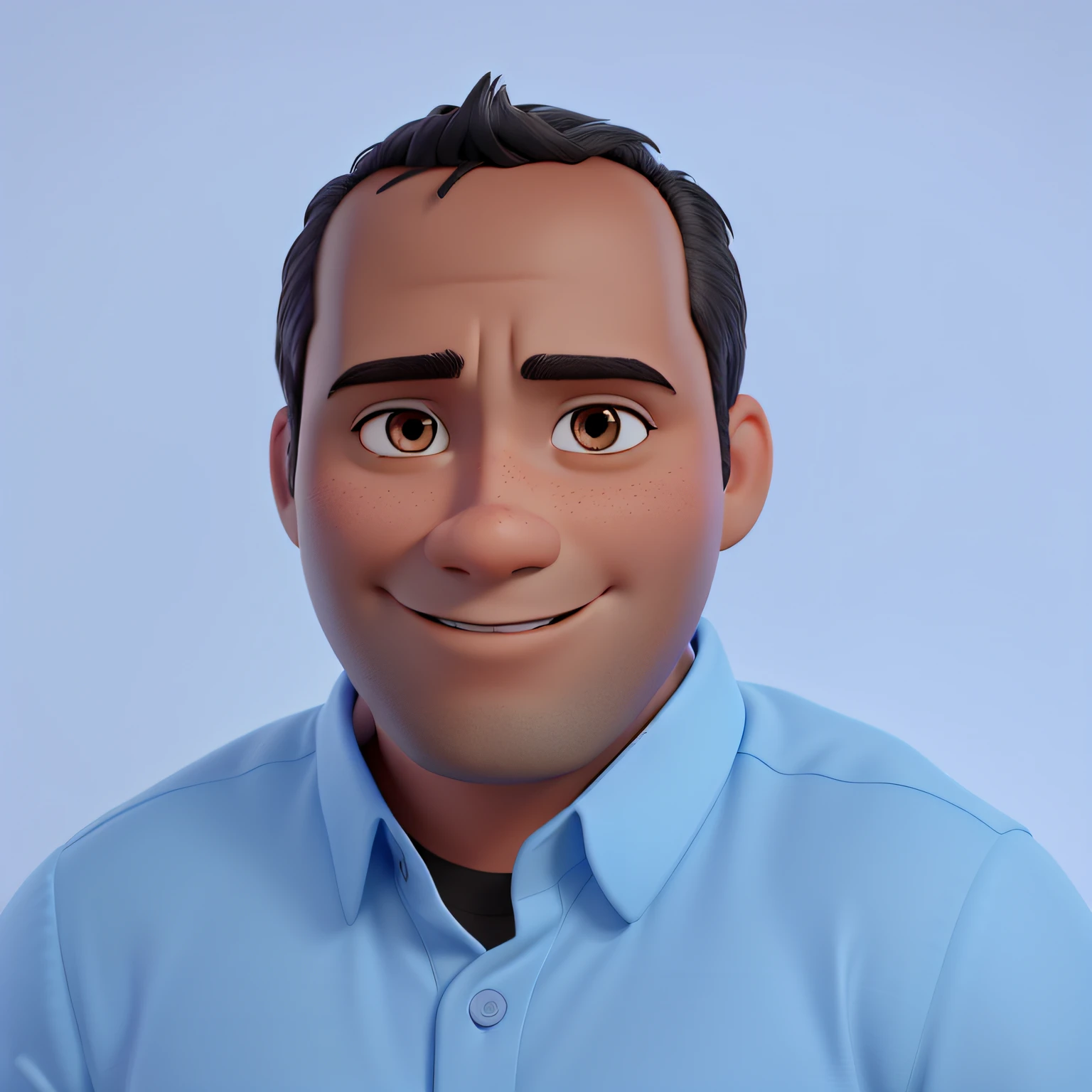 A Disney Pixar style 3D poster, with the text "Marcos Lima" man with dark skin, light eyes, short black hair, in a formal shirt on a pa