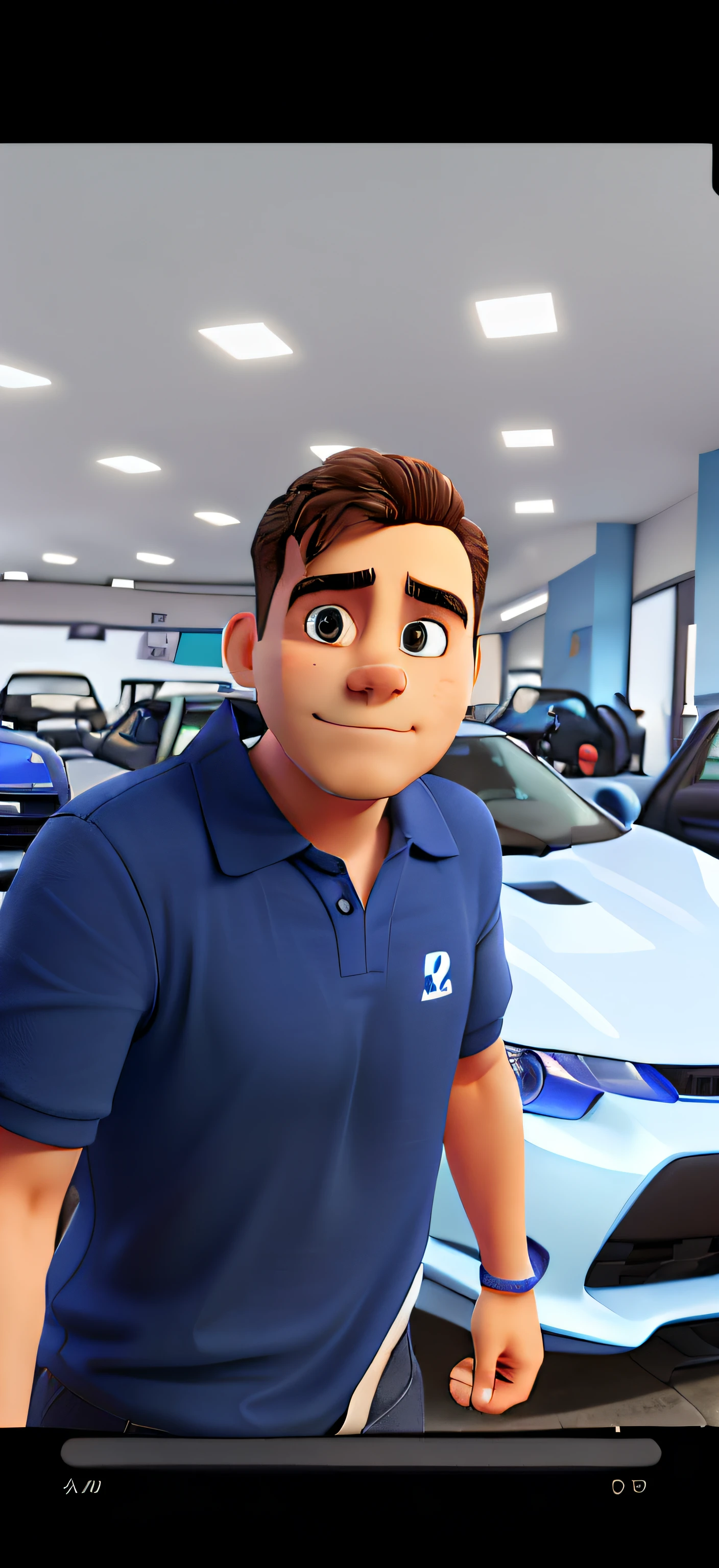 A man looking at camera with a blue t-shirt written Blue Vehicles, On a background with multiple cars