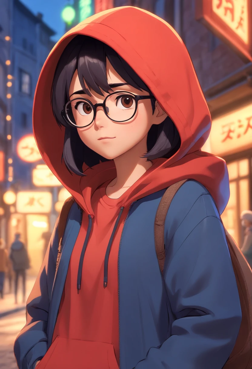 Cartoon character of a man wearing black glasses and a red hooded blouse, um personagem animado, Caractere estilizado, animation style rendering, 3D estilizado, Arnold Maya render, 3 d render stylized, toon render keyshot, Personagem 3D, Personagem 3D, 3d rendering stylized, 3 d character render, personagem de desenho animado, Personagem de close up, Pose de personagem, (Estilo Pixar) (master part:1.2) (Bokeh) (best quality) (pele detalhada) (textura detalhada) (8k) (argila) (Cinematic lighting) (foco nítido,Senta e vaza a parte superior do corpo