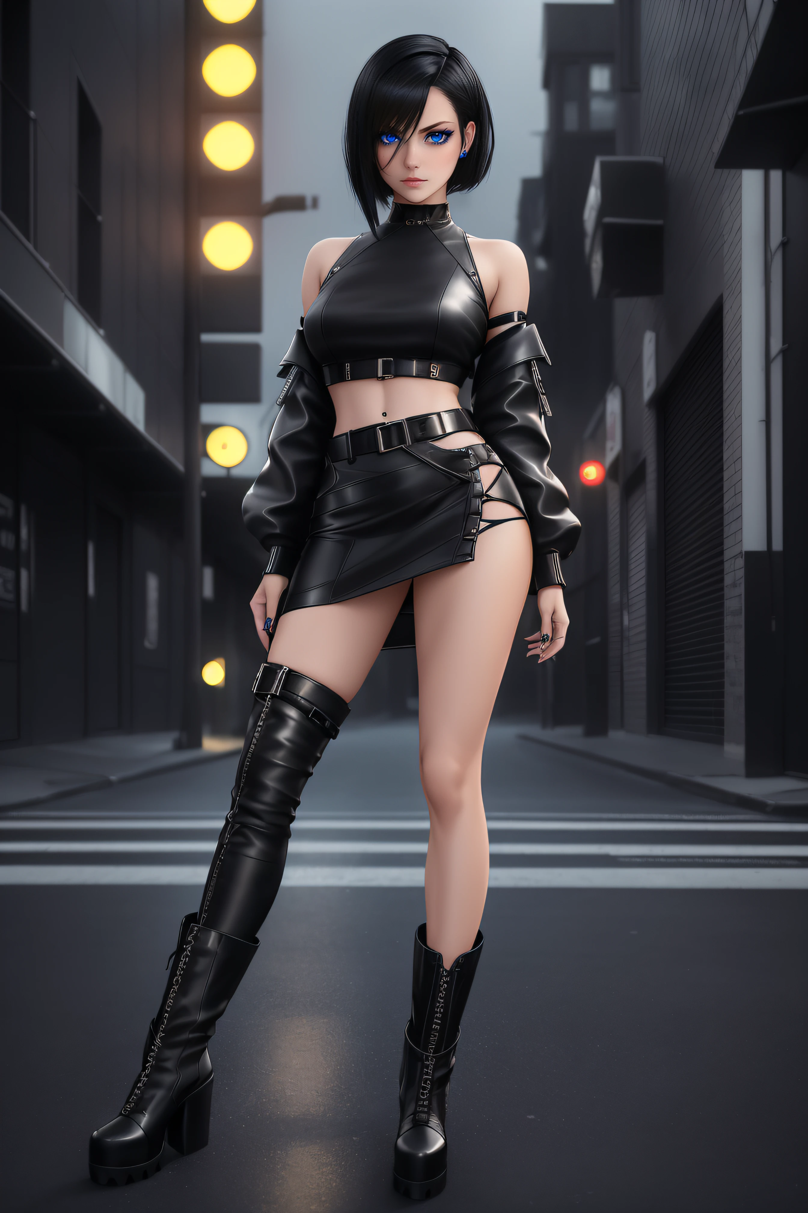 beautiful girl, ((standing:1.4)), (confident gaze:1.1), full body, short bright neon streaked black hair, ((realistic highly detailed eyes:1.4)), ((seductive pose:1.2)), black eyeshadow, (street style wear:1.2), ((short skirt)), ((knee high leather boots)), (dark city night black background:1.4), dark makeup, digital art, trending on artstation, highly detailed, fine detail, intricate, detailed facial features, sharp focus, smooth, aesthetic,