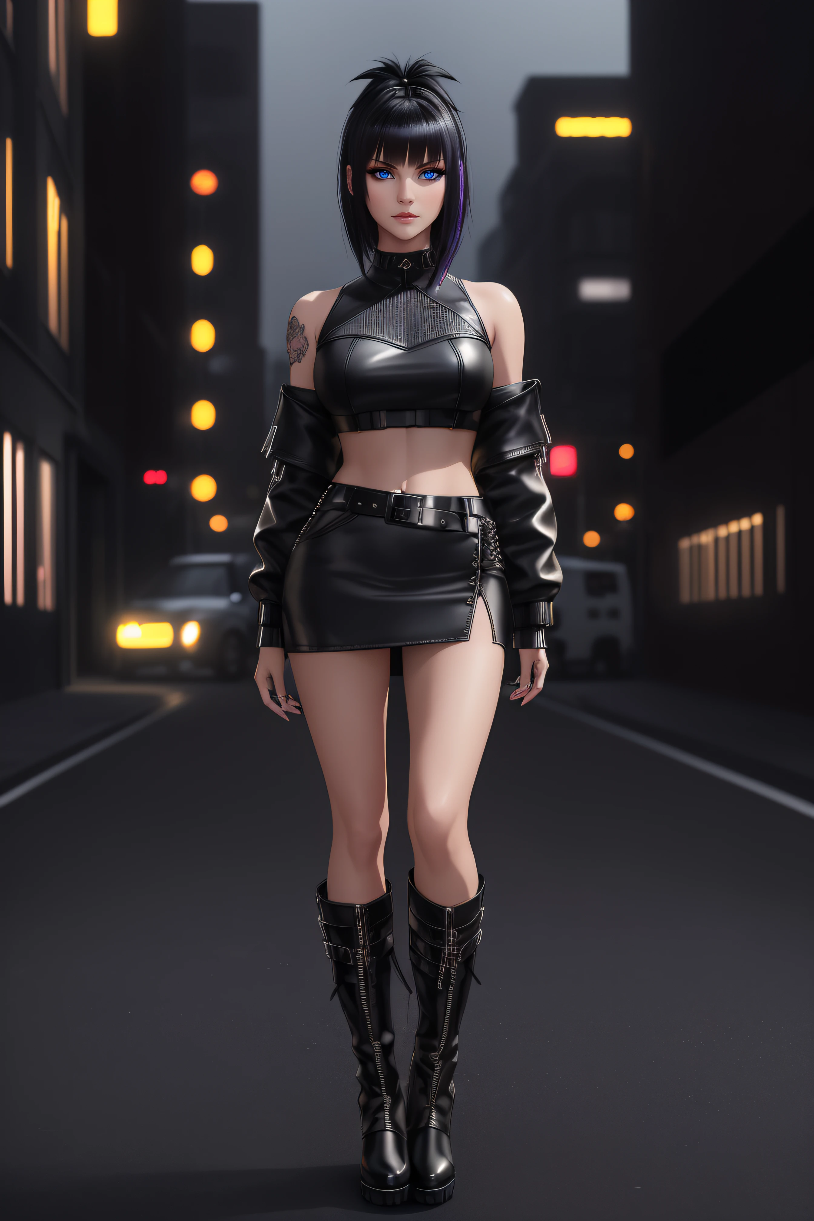 beautiful girl, ((standing:1.4)), (confident gaze:1.1), full body, short bright neon streaked black hair, ((realistic highly detailed eyes:1.4)), ((seductive pose:1.2)), black eyeshadow, (street style wear:1.2), ((short skirt)), ((knee high leather boots)), (dark city night black background:1.4), dark makeup, digital art, trending on artstation, highly detailed, fine detail, intricate, detailed facial features, sharp focus, smooth, aesthetic,