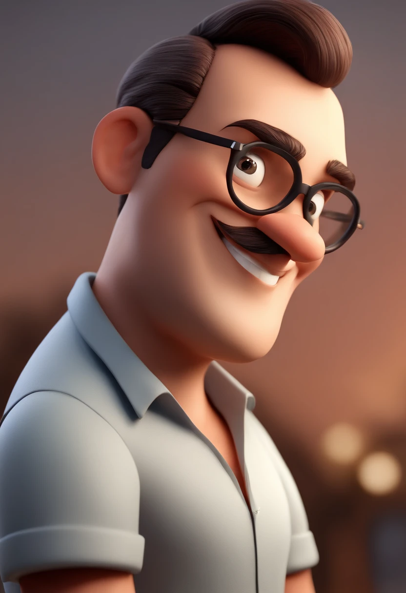 Cartoon character of a man with black oval glasses and a dress shirt, cabelo escuro, rosto fino, sorriso branco homem alegre, pele branca, Brown Eyes Animation Character, Caractere estilizado, animation style rendering, 3D estilizado, Leonardo Garcia, 3 d render stylized, Personagem 3D, Personagem 3D, 3d rendering stylized, 3 d character render, personagem de desenho animado, Personagem de close up, Pose de personagem, (Estilo Pixar) (master part:1.2) (Bokeh) (best quality) (pele detalhada) (textura detalhada) (8k) (argila) (Cinematic lighting) (foco nítido