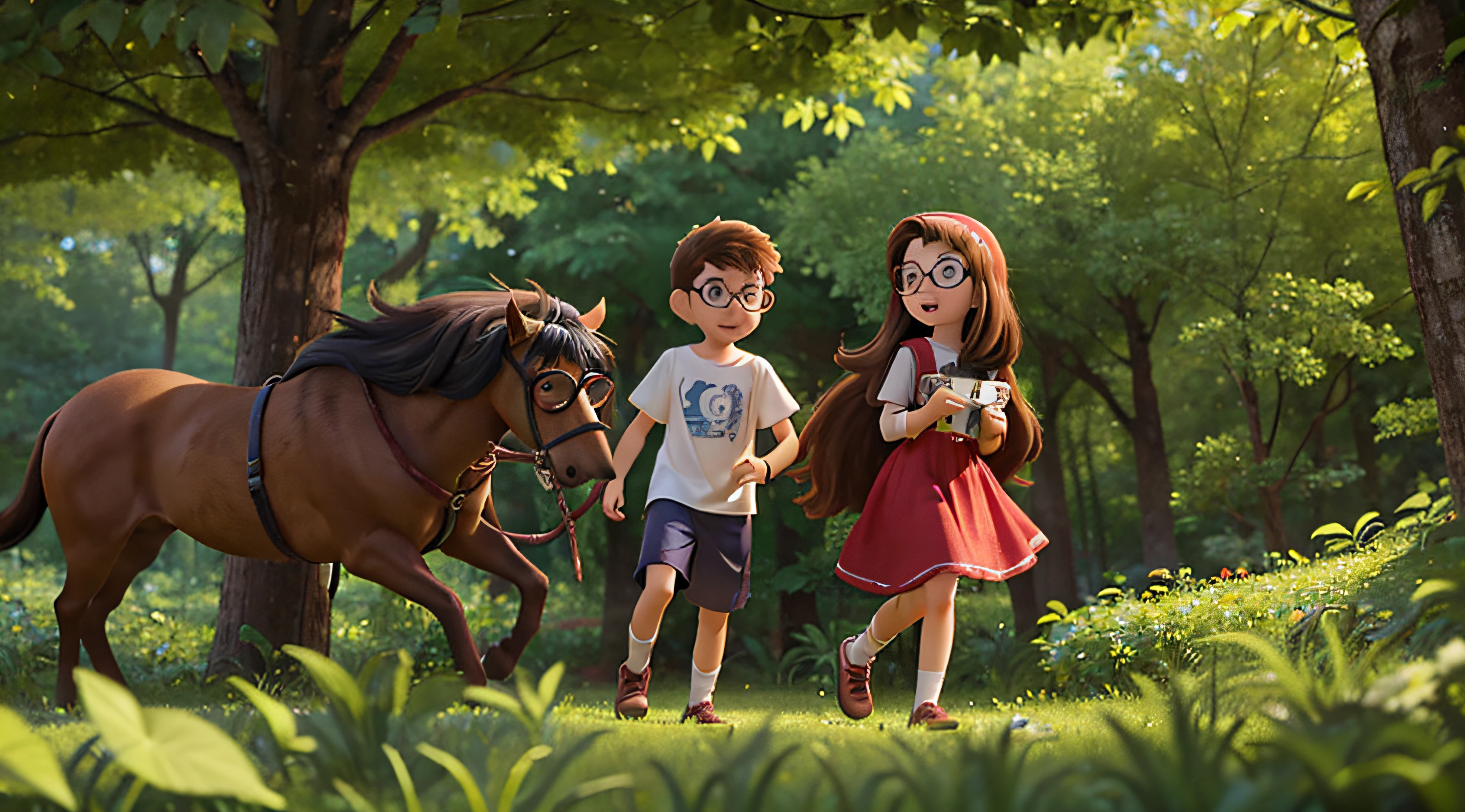 crie ((1 5-year-old boy with glasses and 1 7-year-old girl with long hair)) Playing in the woods with animals and an enchanted and magical setting