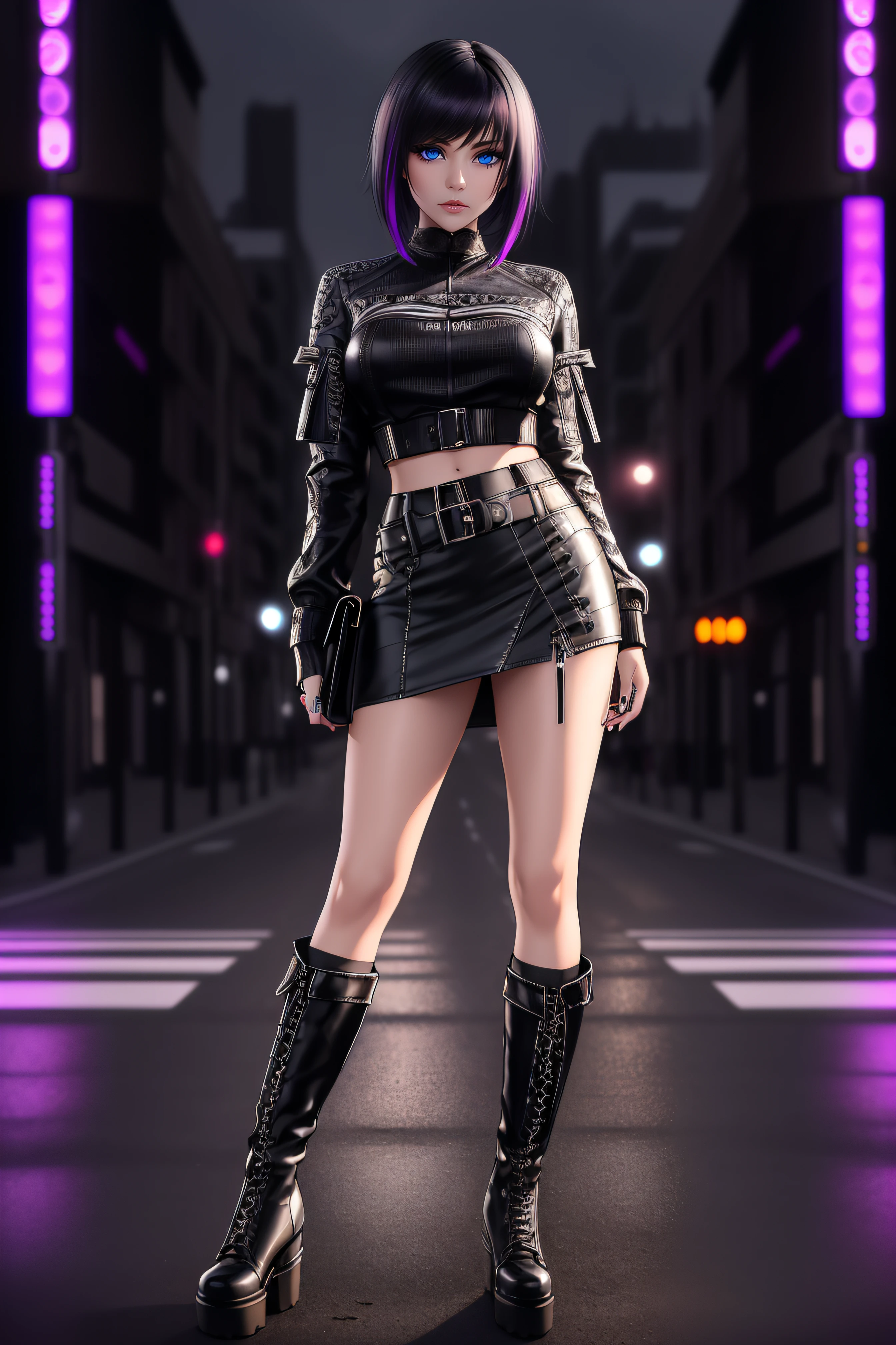 beautiful girl, ((standing:1.4)), (confident gaze:1.1), full body, short bright neon streaked black hair, ((realistic highly detailed eyes:1.4)), ((seductive pose:1.2)), black eyeshadow, (street style wear:1.2), ((short skirt)), ((knee high leather boots)), (dark city night black background:1.4), dark makeup, digital art, trending on artstation, highly detailed, fine detail, intricate, detailed facial features, sharp focus, smooth, aesthetic,