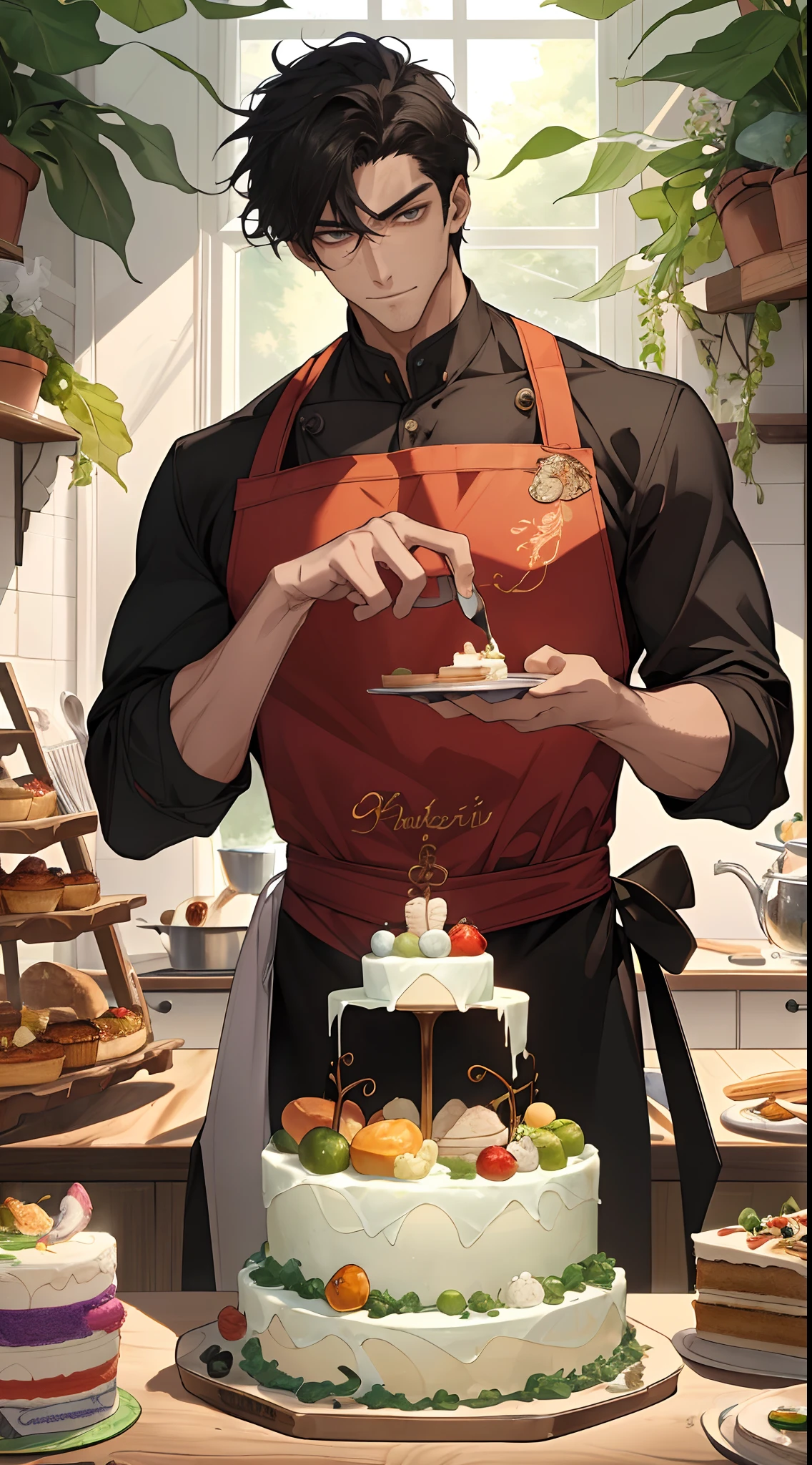((Masterpiece, hiquality, absurdress), 1male, black hair, Short hair, straight, gray eyes, a perfect face, the perfect body, sports body, male focus , Male body, 独奏, Detailed eyes and face, Masterpiece, Best Quality, hight resolution, Ultra-detailed), intricate detials, Cowboy shot, Ethereal fog, fantasy forest, стиль by Dale Chihuly, kitchen, slab, Cook your meals, Bake the Cake, apron, Cook costume, Lots of food and sweets on the table