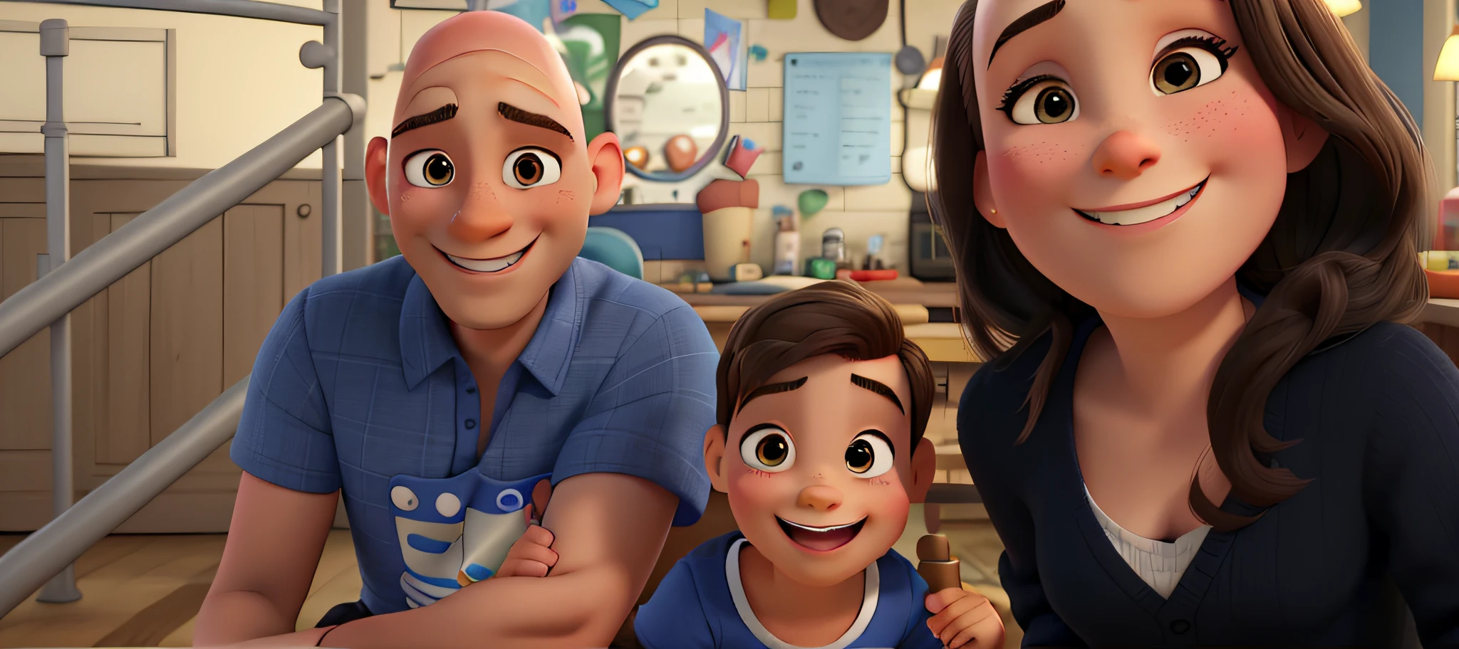 A bald man, a woman with a gentle smile, and a 4--old smiling with a missing front tooth, all in a Disney Pixar style, with high quality and the best quality.