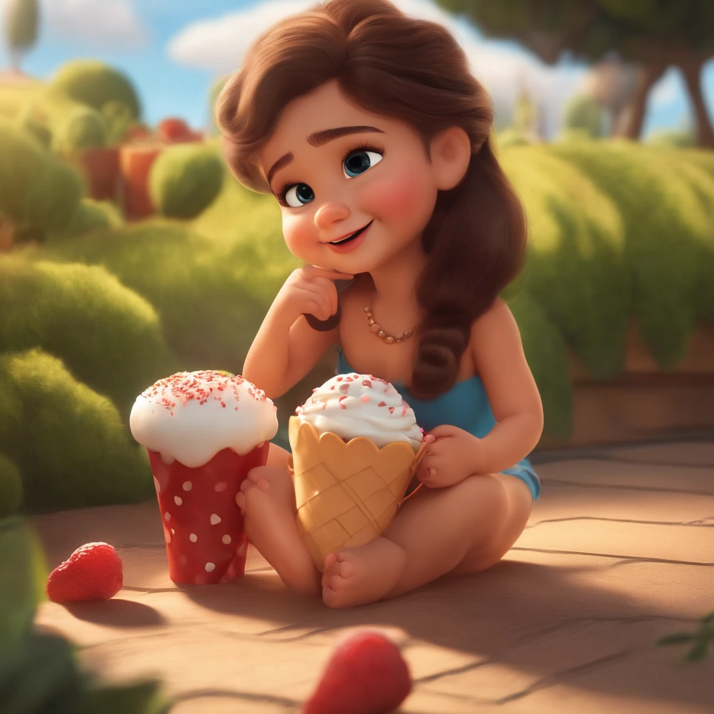 fofo, 可爱, menina preta sorridente no vestido, sitting on the floor, comer sorvete, com doces voando ao seu redor, Corpo Perfeito, Pixar, Disney, Cinema lighting, Jogos, 8k, Magic, amor