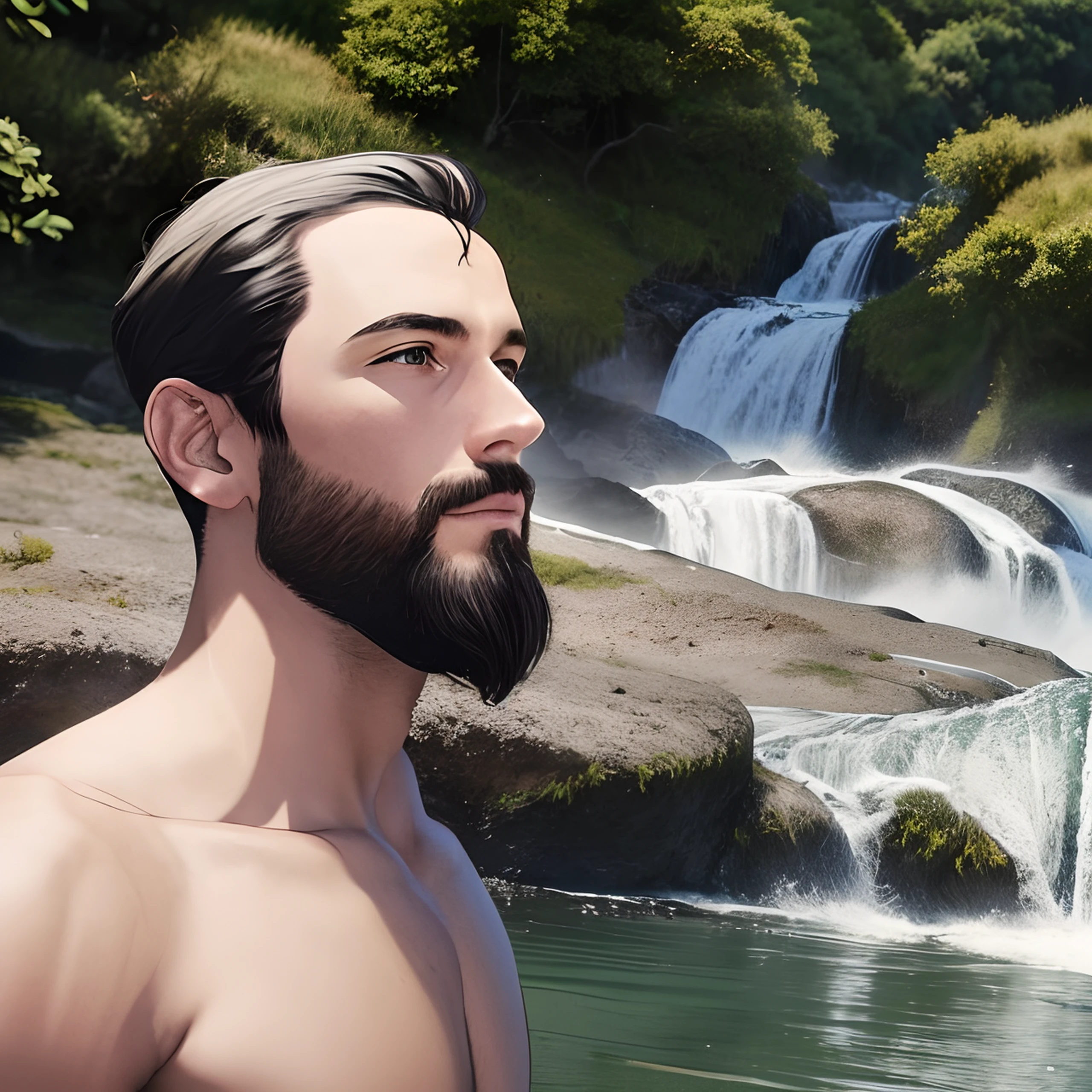 Handsome sexy Man bathing under water falling from a waterfall. Side view. Crystal clear water. Hyper-detailed. High quality. 8k