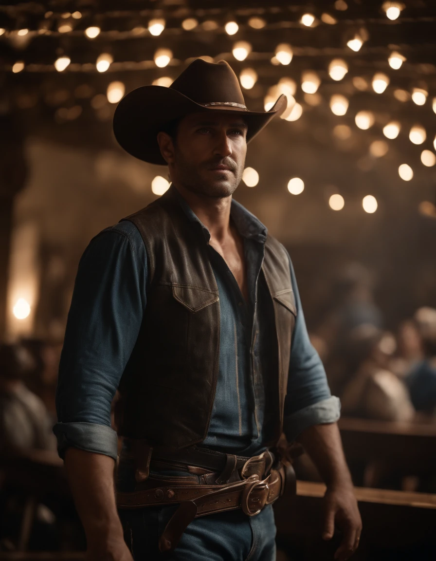 cinematic portrayal, ((parte superior do corpo)), facing the audience, (realidade :1.3), Foto de arte mais bonita do mundo, A man looks at the camera, Looks jeans vintage, Cowboy ocidental, rosto bonito detalhado, action shot, (intrincado :1.4), Fundo ocidental, fotografia realista, Durante o dia, CG, Stand de Arte