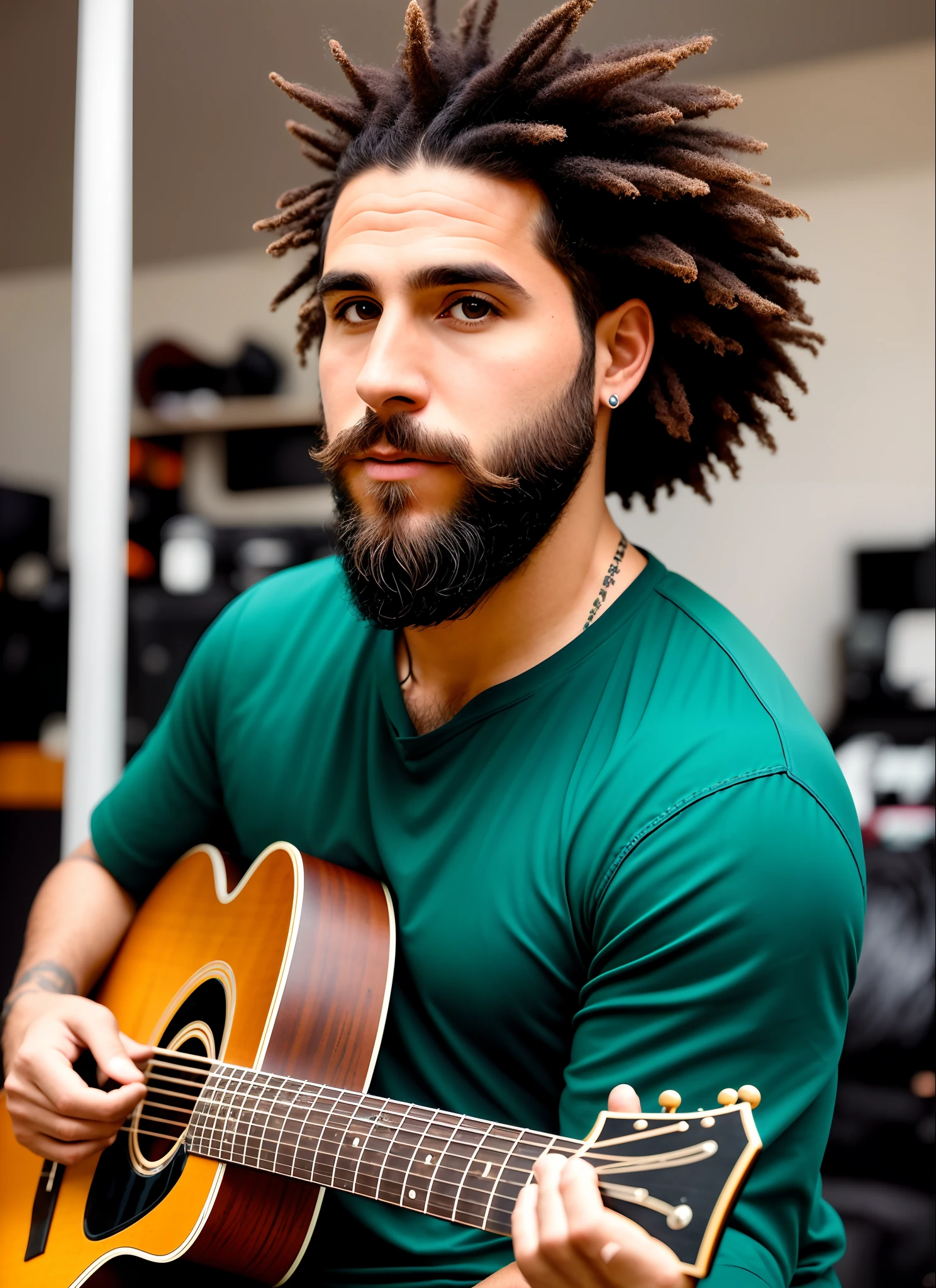 34-year-old man with medium beard, guitar in hands, Moreno, cabelo crespo curto afro laterais raspadas e olhos castanhos claro. Imagem 8k