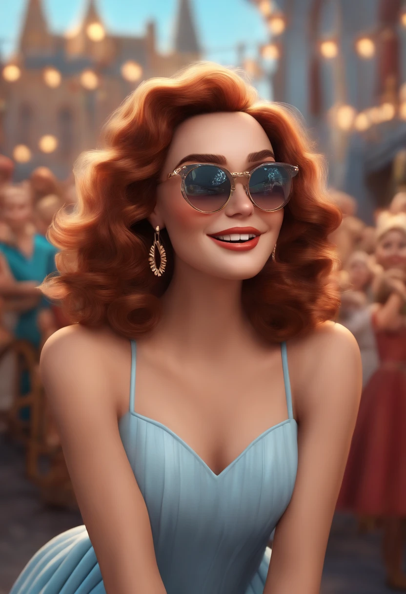 "(best quality,ultra-detalhado,Realistic:1.37),3D rendering,illustration,design de personagens,cabelos curtos e cacheados escuros,belos olhos detalhados,wearing white glasses,Estilo Pixar,morena mulher,Dancing on the Disney stage,atmosfera animada,vivid colors,luzes de palco,expression joyful"