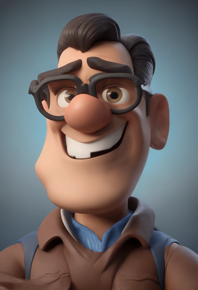 Cartoon character of a man with black glasses, cabelo cacheado marrom escuro e uma camisa azul, animation character, Caractere estilizado, animation style rendering, 3D estilizado, Arnold Maya render, 3 d render stylized, toon render keyshot, Personagem 3D, Personagem 3D, 3d rendering stylized, 3 d character render, personagem de desenho animado, Personagem de close up, Pose de personagem, (Estilo Pixar) (master part:1.2) (Bokeh) (best quality) (pele detalhada) (textura detalhada) (8k) (argila) (Cinematic lighting) (foco nítido