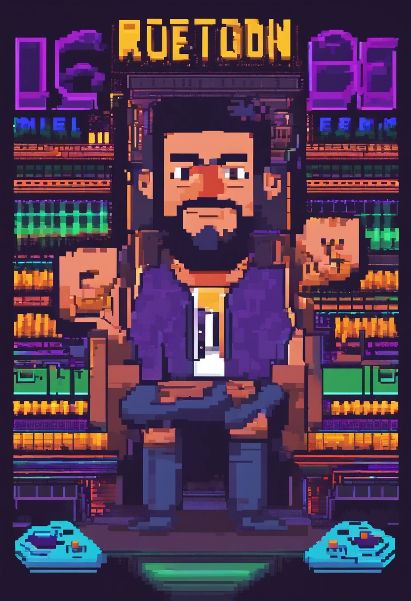 Luiz Henrique, homem caucasiano, cabelo preto curto estilo low fade e barba rente, rosto oval arredondado e maxilar marcado, 35-year-old appearance wearing dark grey sweatshirt with LuizTonon writing in purple and white outline, fones de ouvido branco com luzes rgb, neon lighting background