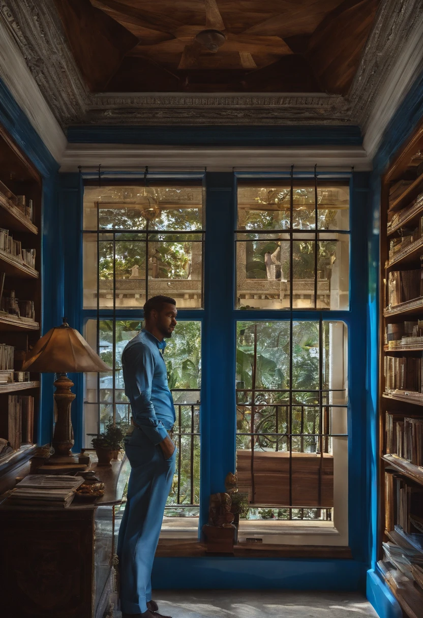 Gordinho suado na academia de camisa azul