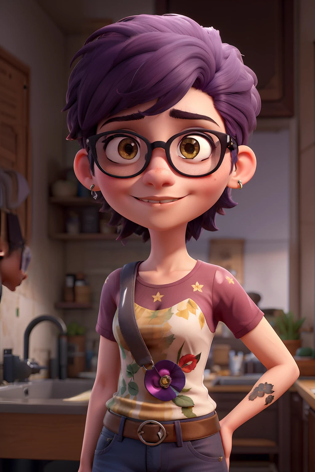 Duas mulheres, uma personagem com cabelo longo ondulado e preto, olhos castanho claro, Flower tattoo on left arm, e um piercing na sombrancelha direita, and a character with a low masculine cut on the sides and bangs with a large debt in the middle, olhos castanhos, Left eyebrow piercing and rainbaw style glasses