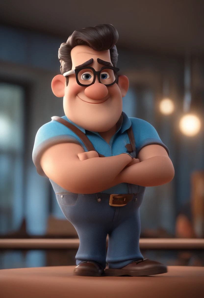 Cartoon character of a man with black glasses and a blue shirt, animation character, Caractere estilizado, animation style rendering, 3D estilizado, Arnold Maya render, 3 d render stylized, toon render keyshot, Personagem 3D, Personagem 3D, 3d rendering stylized, 3 d character render, personagem de desenho animado, Personagem de close up, Pose de personagem, (Estilo Pixar) (master part:1.2) (Bokeh) (best quality) (pele detalhada) (textura detalhada) (8k) (argila) (Cinematic lighting) (foco nítido