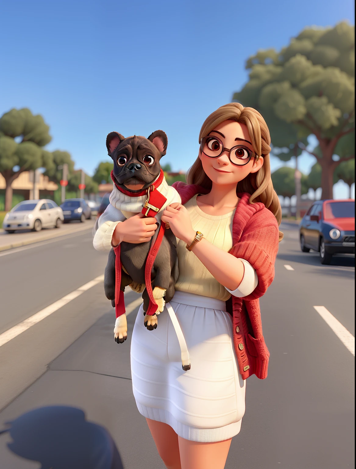 Beautiful woman, 40 anos, cabelo castanho liso, olhos castanhos escuros, glasses, Wearing a sweater with a female French bulldog on her arm
