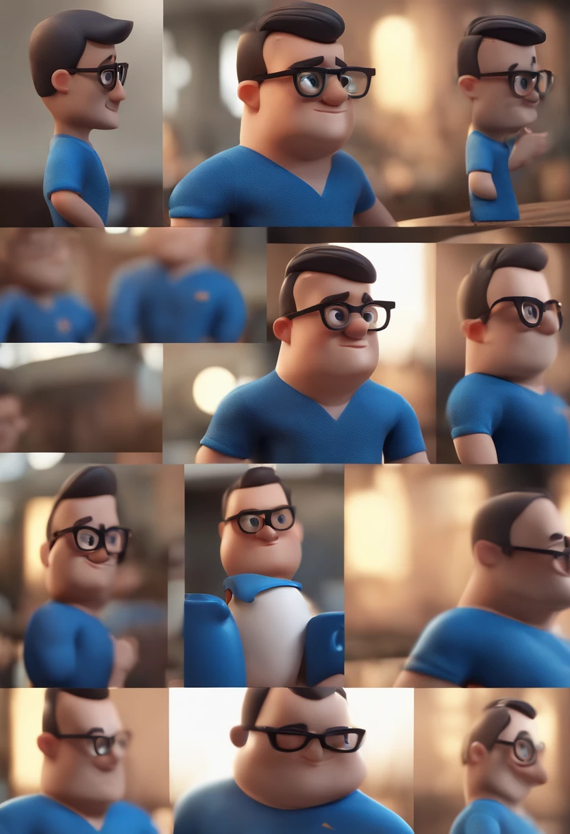 Cartoon character of a man with black glasses and a blue shirt, animation character, Caractere estilizado, animation style rendering, 3D estilizado, Arnold Maya render, 3 d render stylized, toon render keyshot, Personagem 3D, Personagem 3D, 3d rendering stylized, 3 d character render, personagem de desenho animado, Personagem de close up, Pose de personagem, (Estilo Pixar) (master part:1.2) (Bokeh) (best quality) (pele detalhada) (textura detalhada) (8k) (argila) (Cinematic lighting) (foco nítido