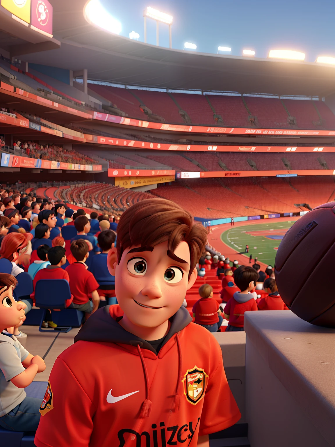 Poster no estilo Disney pixar, alta qualidade, melhor qualidade, child 4 years,cabelo louro, olhos azuis, with background in a football stadium with red colors