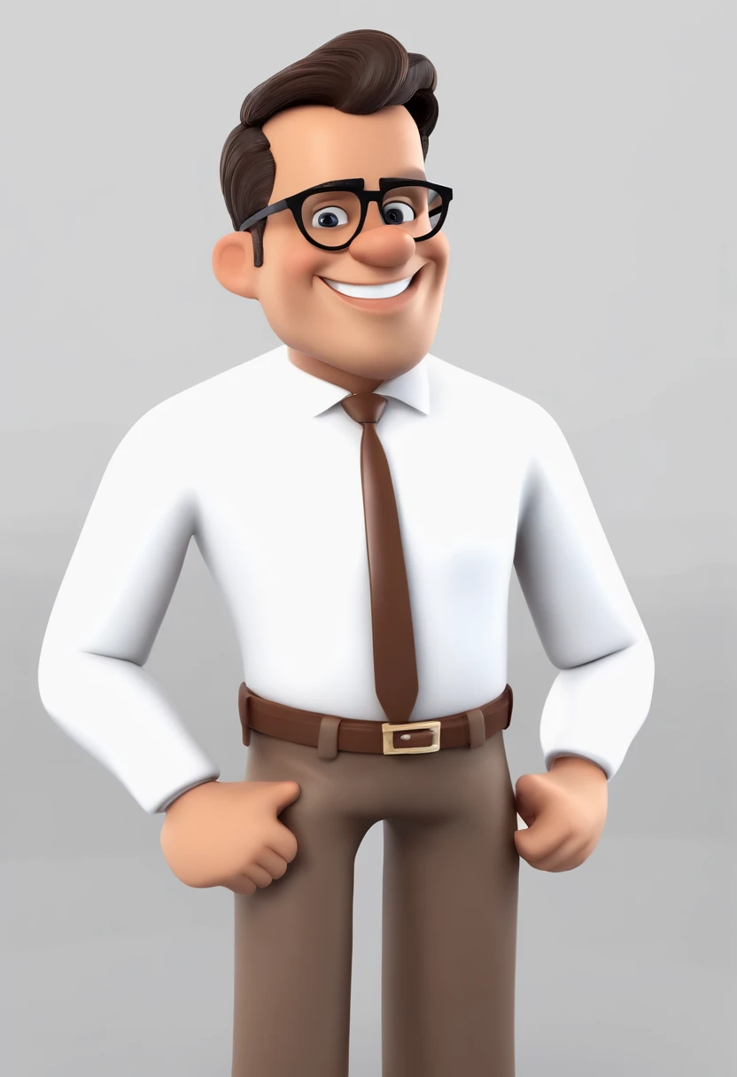 Cartoon character of a man with black oval glasses and a dress shirt, cabelo escuro, rosto fino, sorriso branco homem alegre, pele branca, Brown Eyes Animation Character,homem de 34 anos, cabelo curto Caractere estilizado, animation style rendering, 3D estilizado, Leonardo Garcia, 3 d render stylized, Personagem 3D, Personagem 3D, 3d rendering stylized, 3 d character render, personagem de desenho animado, Personagem de close up, Pose de personagem, (Estilo Pixar) (master part:1.2) (Bokeh) (melhor qualidade) (pele detalhada) (textura detalhada) (8k) (argila) (Lighting cfundo praia) (fundo praia