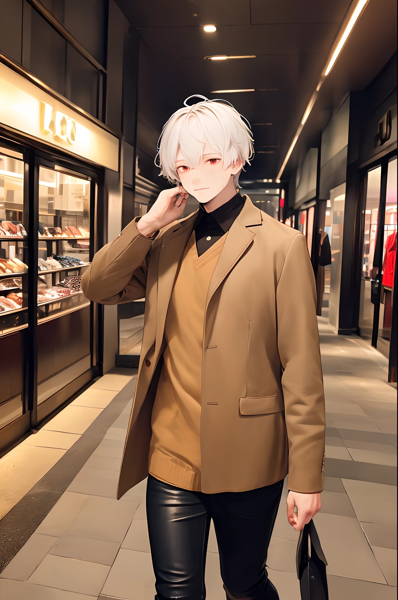 (4K works))、​masterpiece、(top-quality)、((In front of the department store))、Korean Male、Adult male、((Adult 50 years old))、((Adult uncle type))、((Leather Jeans Style))、((Face similar to Hyunjin))、Cool Men、tall、((Gentle face))、((Cool werewolf fashion in black))、((Long sleeve long trouser style))、((Smaller face))、Slim body、((Uncle))、((white  hair))、((white short-haired))、((Red Eyes))、((shot from front))、((Shot alone))、((Solo Photography))、Professional Photos、((Reach out to your audience))、((He walks in front of the viewer))、((dad bod))、