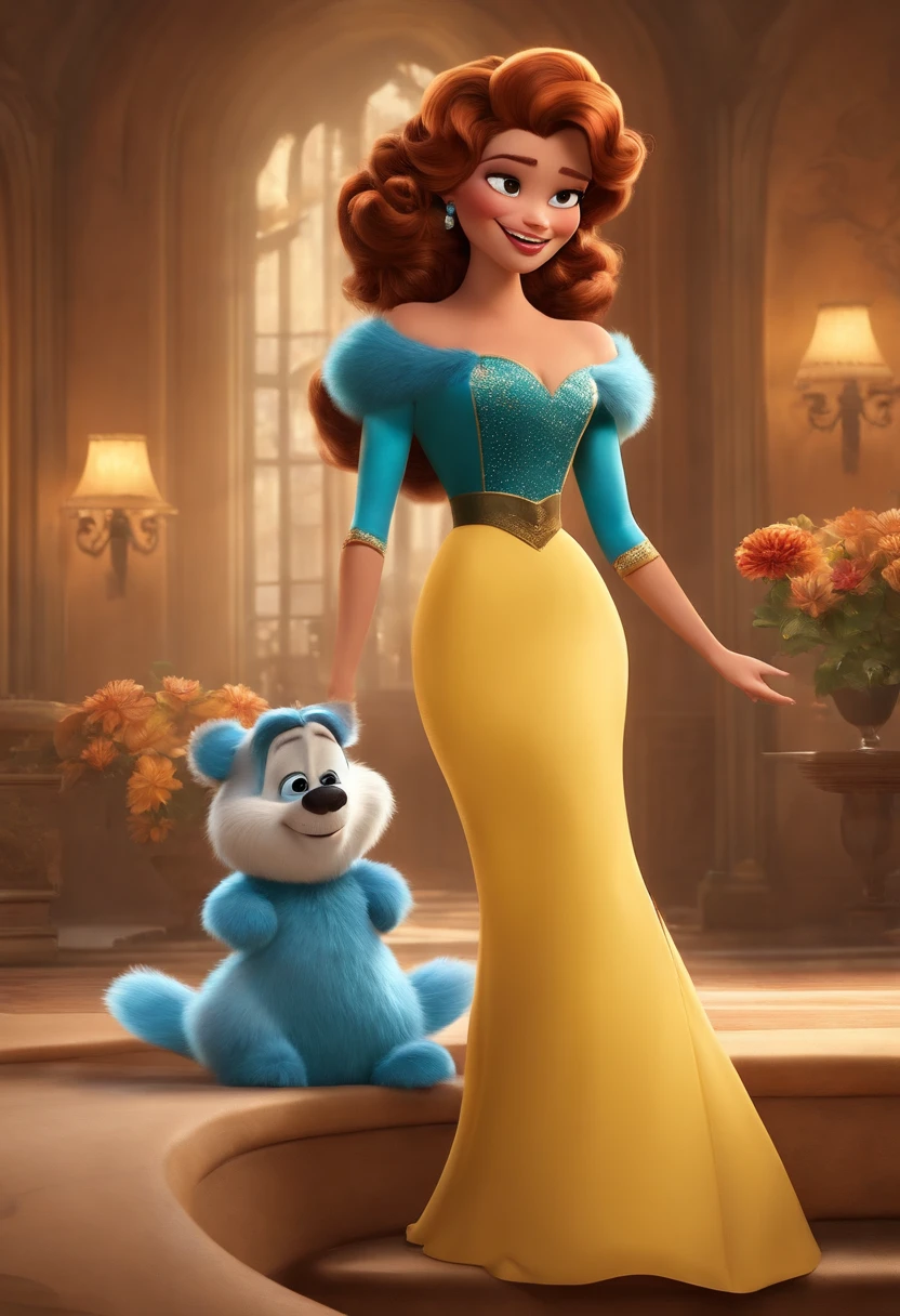 Um filme inspirado na Disney Pixar (HOMEM MUITO ALTO COM CABELO ONDULATO, QUE USA ROUPAS DE CORES AMARELAS E UMA COROA IMENSA) dentro A cena estar na arte distinta do estilo PIXAR, descolada e estilosa