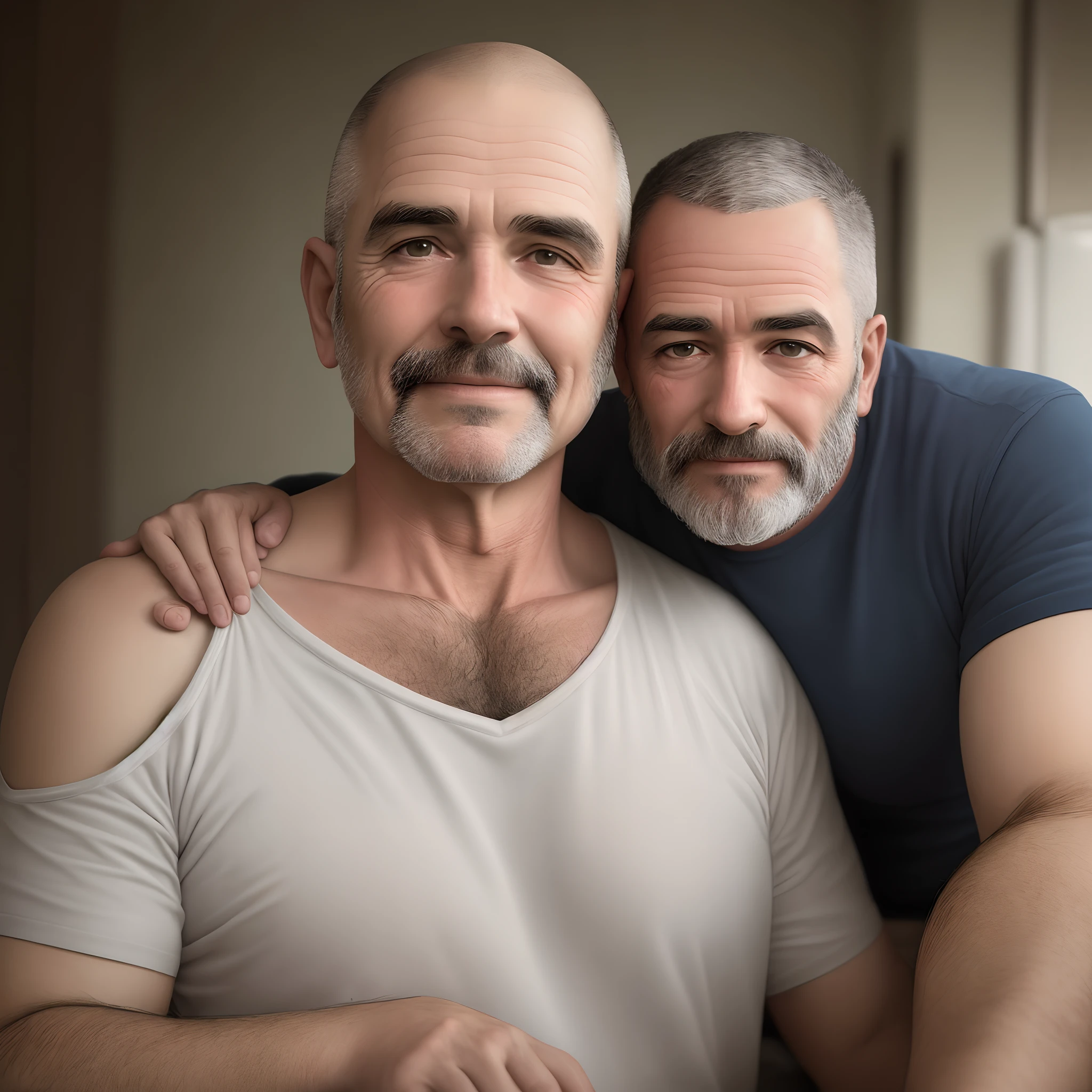 naked dad, short grey hair, muscle arms and calves, short grey beard, slightly fat belly, a slightly hairy, glasses, pale blue eyes, big